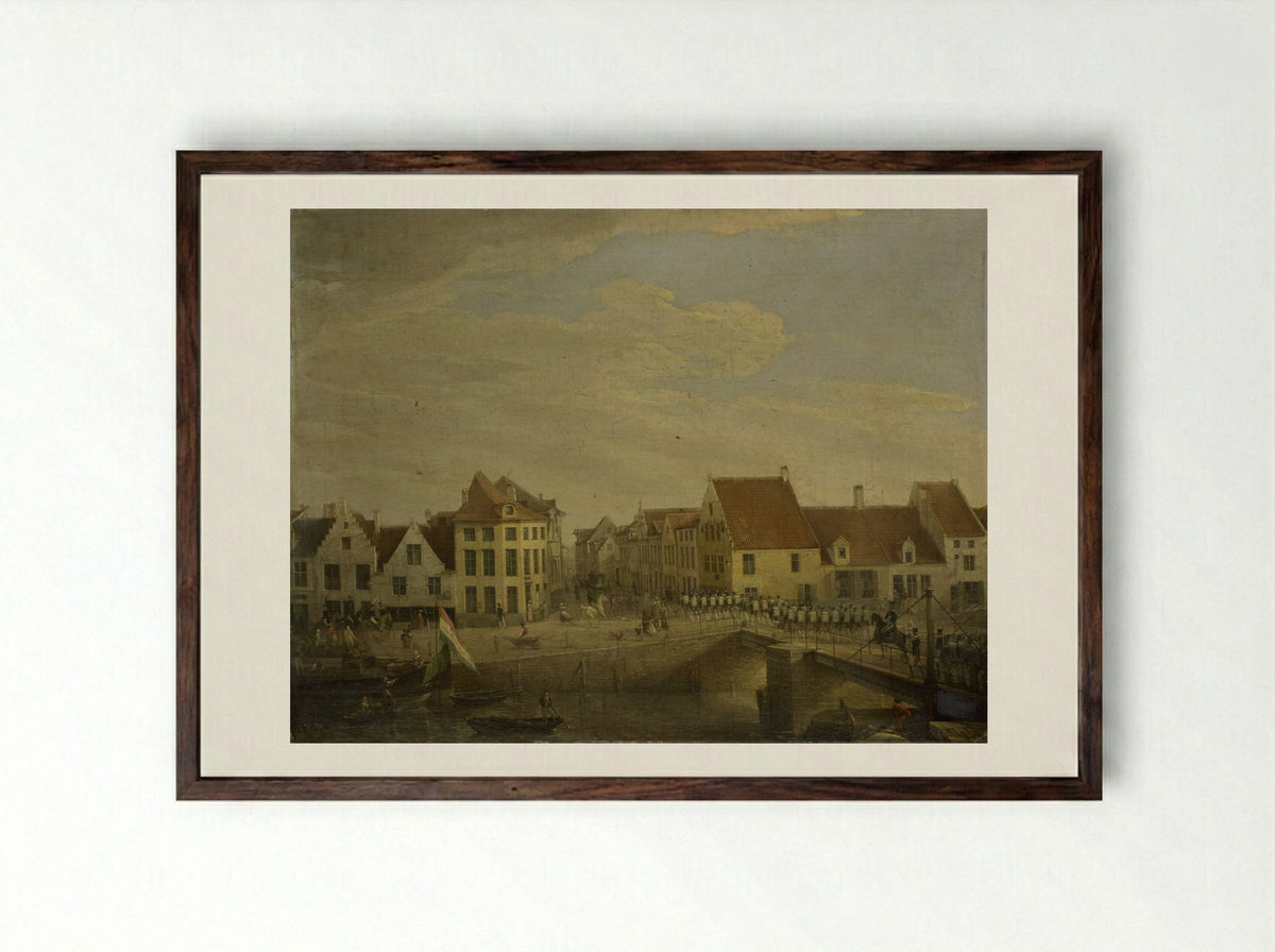 Hollandse troepen trekken door de vestingstad Dendermonde - Petrus Groenia - Framed Print Dark Wood