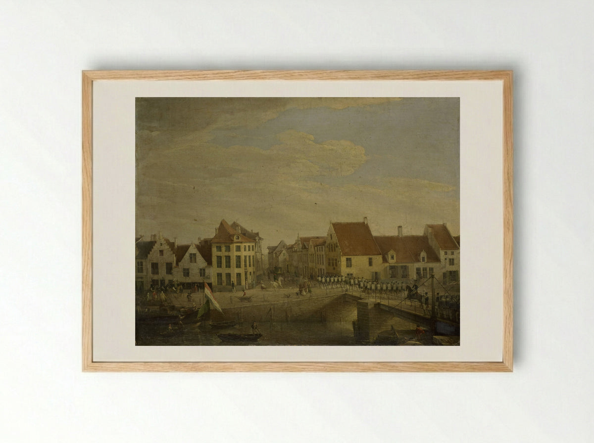Hollandse troepen trekken door de vestingstad Dendermonde - Petrus Groenia - Framed Print Wood