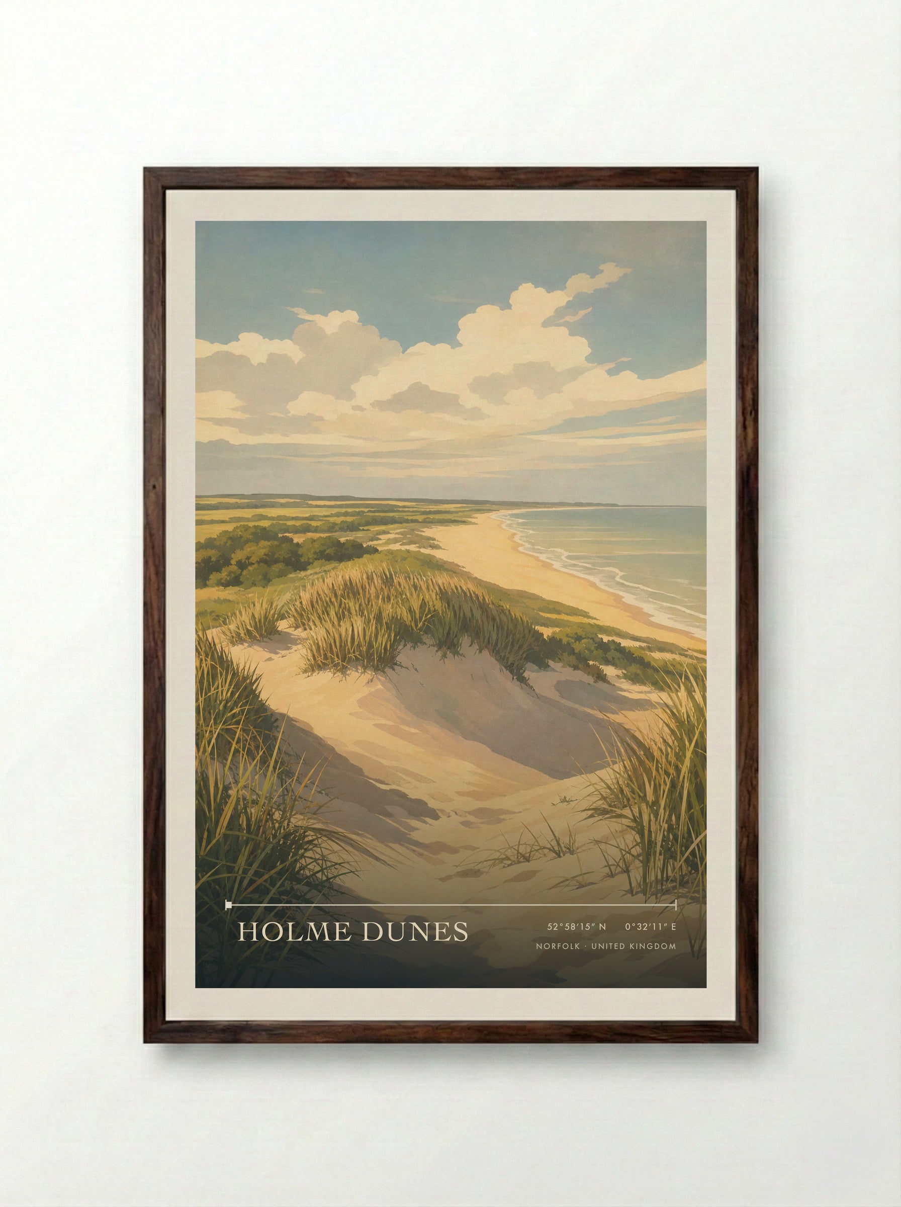 Holme Dunes Norfolk United Kingdom Travel Poster - Framed Print Dark Wood