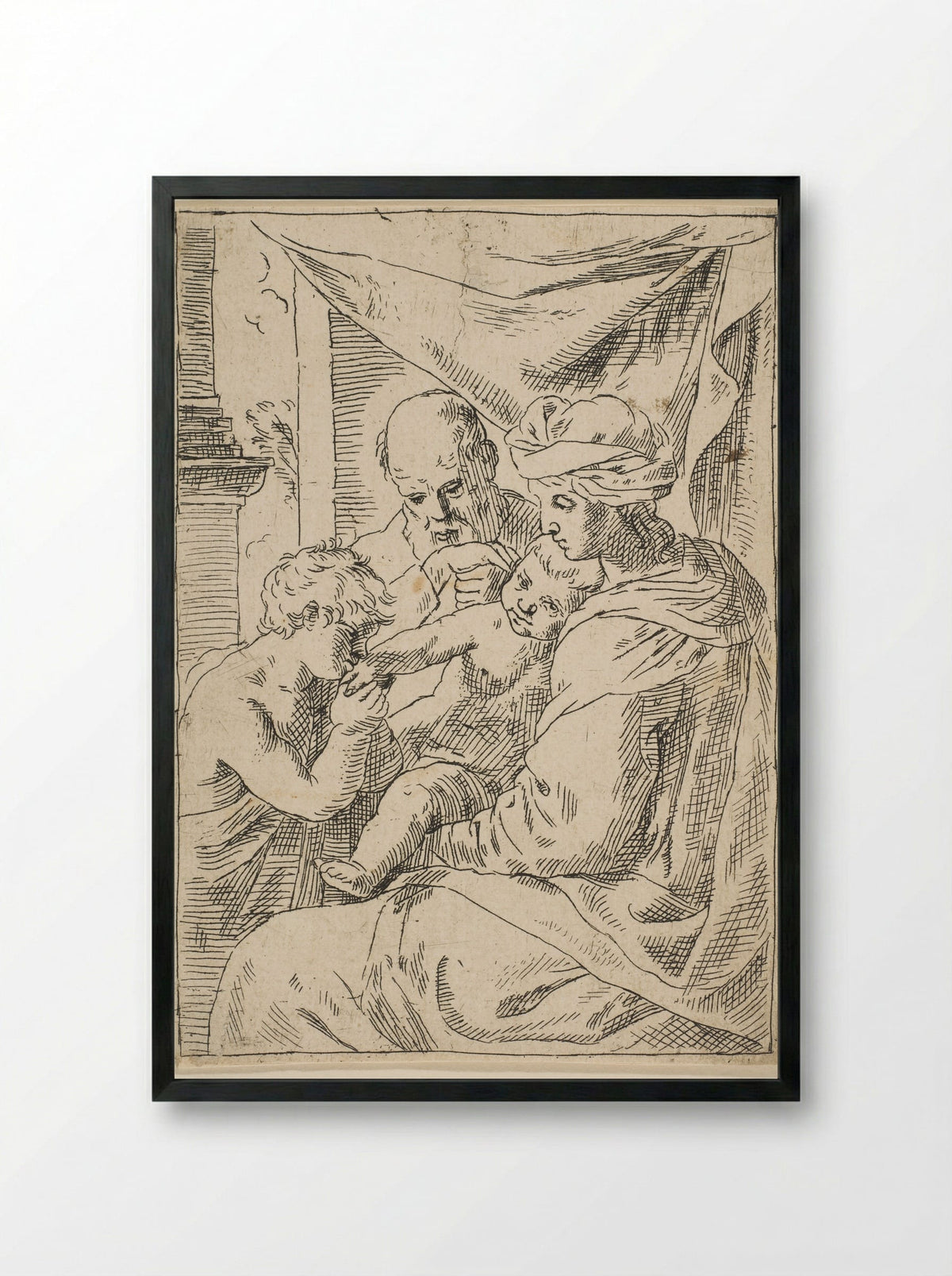 Holy Family, Saint John the Baptist kissing the hand of Christ - Simone Cantarini - Framed Print Black