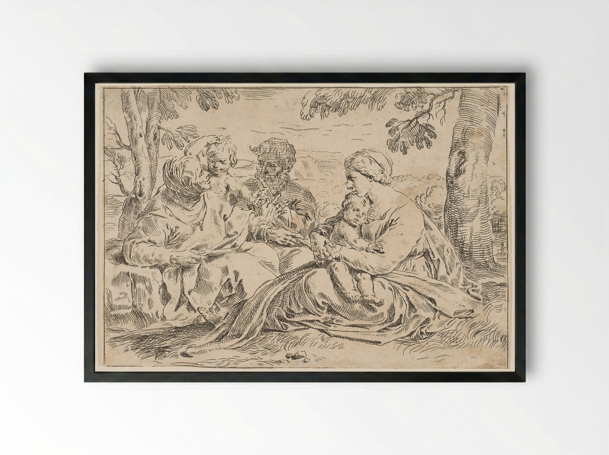 Holy Family with Saint Elizabeth and Saint John - Simone Cantarini - Framed Print Black