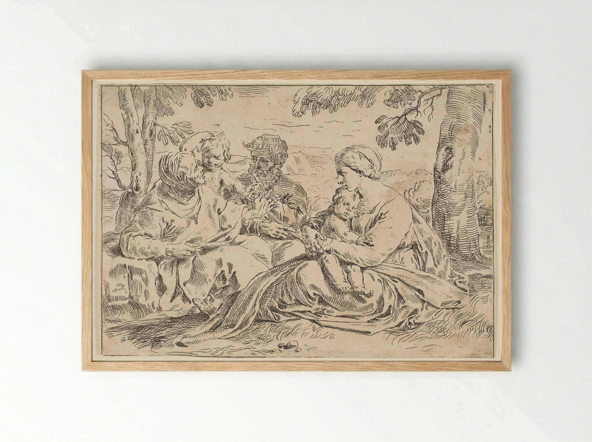 Holy Family with Saint Elizabeth and Saint John - Simone Cantarini - Framed Print Wood
