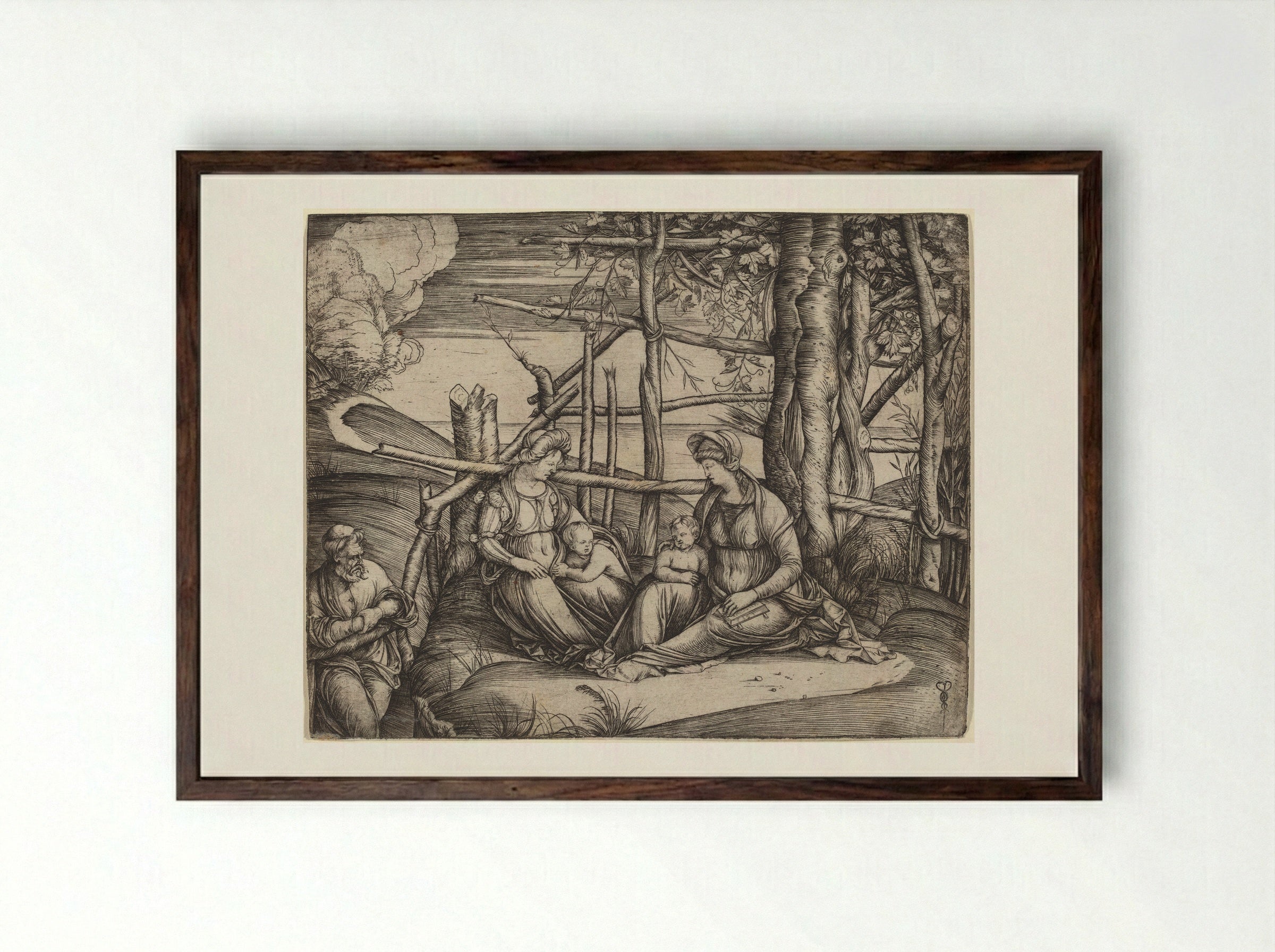 Holy Family with Saint Elizabeth and the infant Saint John the Baptist - Jacopo de' Barbari - Framed Print Dark Wood
