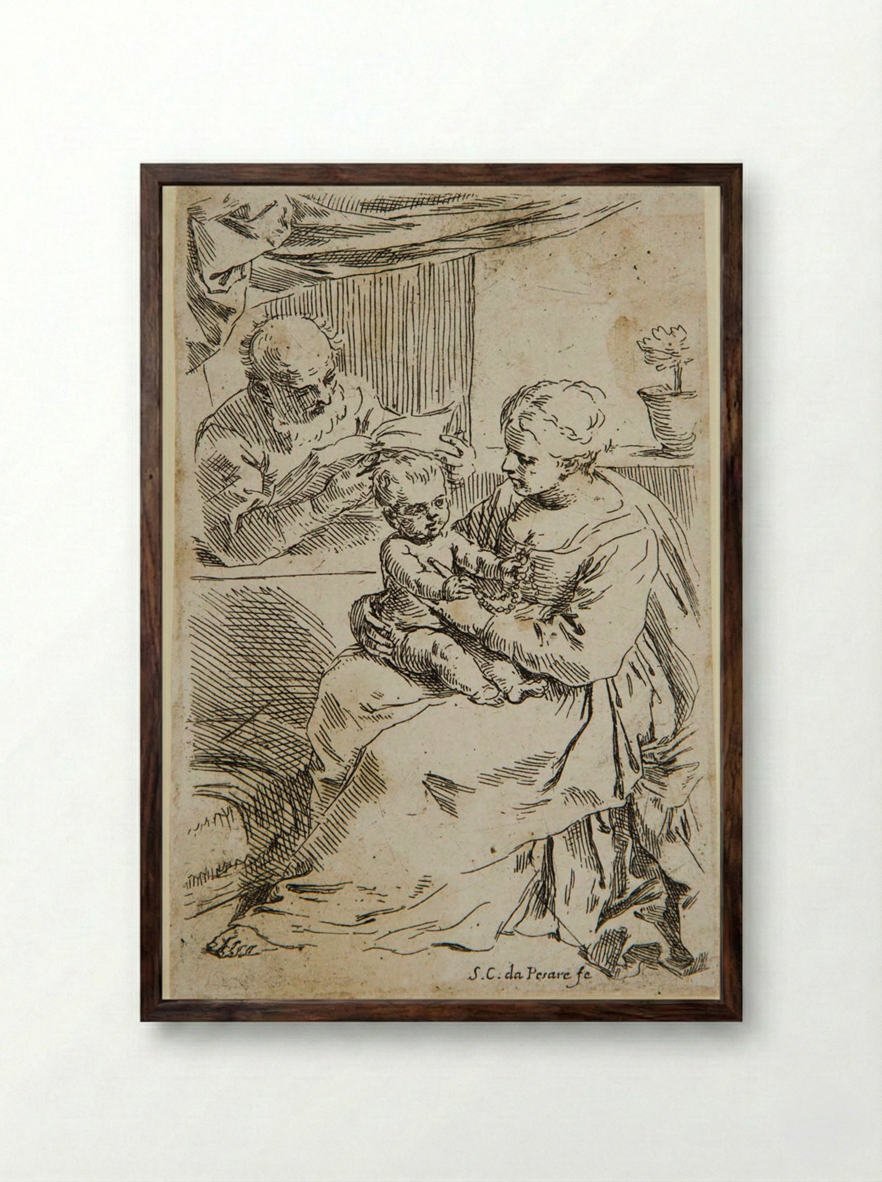 Holy Family with Saint Joseph Reading - Simone Cantarini - Framed Print Dark Wood