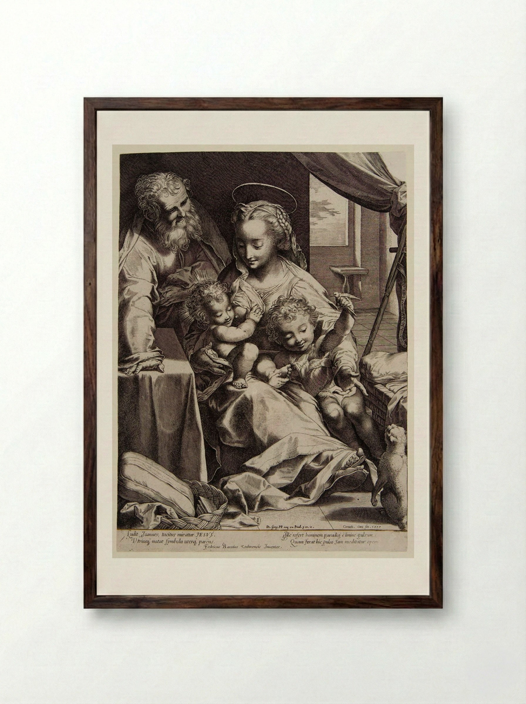 Holy Family with the Cat - Cornelis Cort - Framed Print Dark Wood