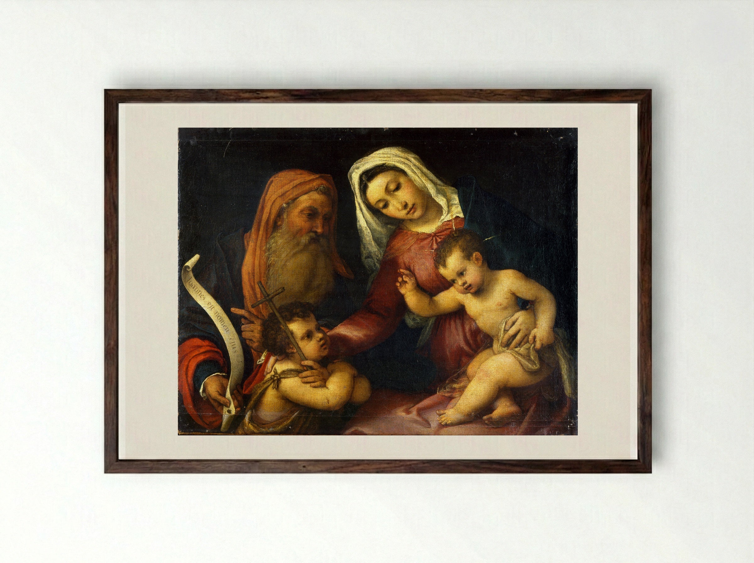 Holy Family with the Infant Saint John the Baptist - Lorenzo Lotto - Framed Print Dark Wood