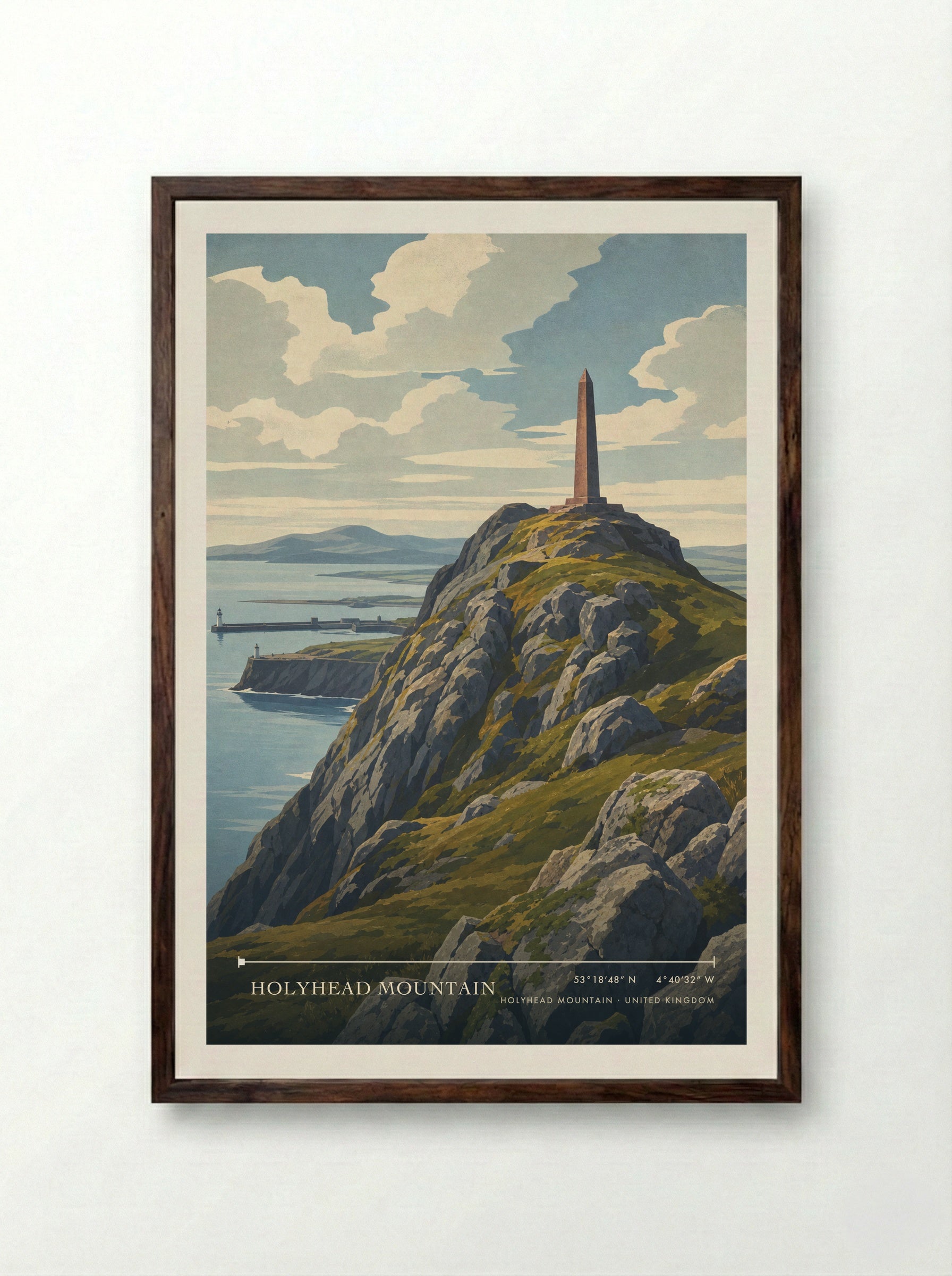 Holyhead Mountain United Kingdom Travel Poster - Framed Print Dark Wood