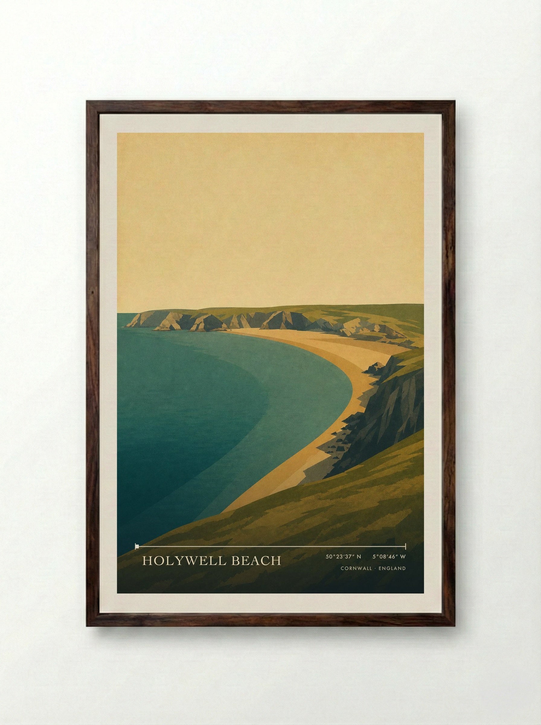 Holywell Beach Cornwall England Travel Poster - Framed Print Dark Wood