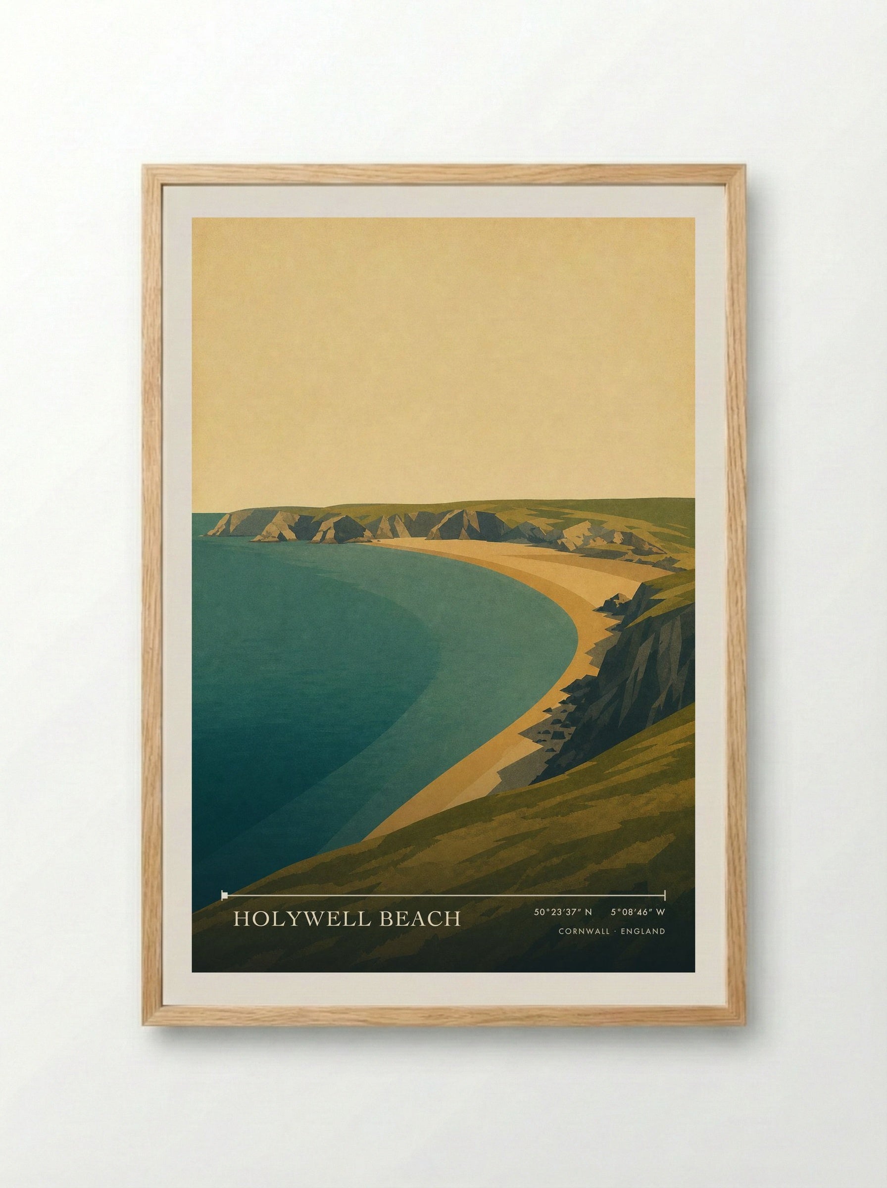 Holywell Beach Cornwall England Travel Poster - Framed Print Wood