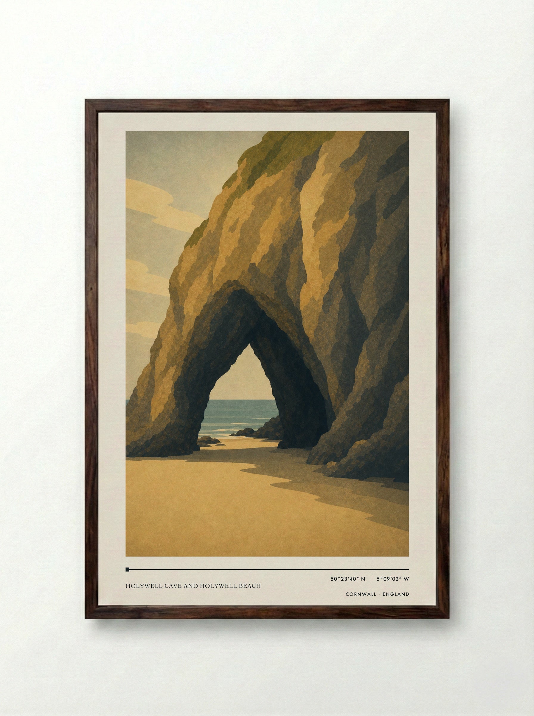 Holywell Cave and Holywell Beach Cornwall England Travel Poster - Framed Print Dark Wood