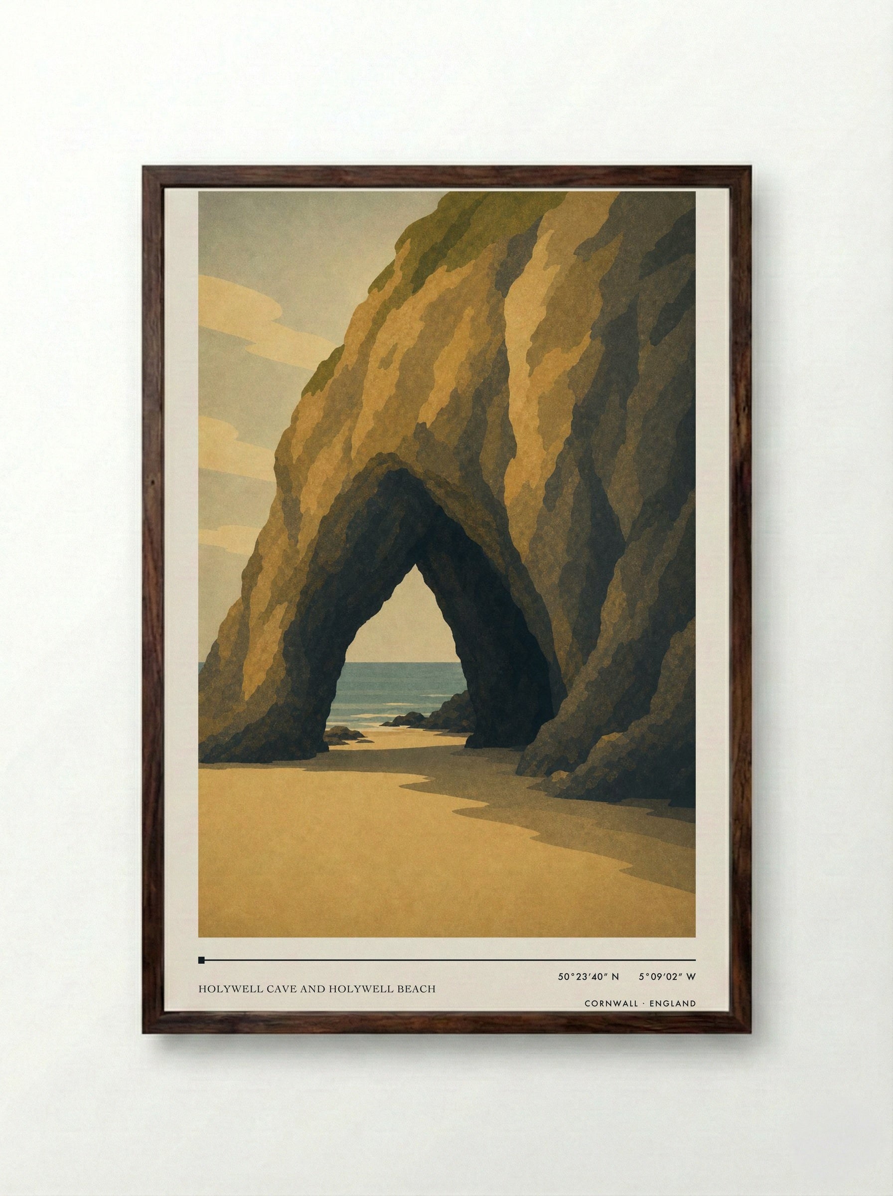 Holywell Cave and Holywell Beach Cornwall England Travel Poster - Framed Print Dark Wood