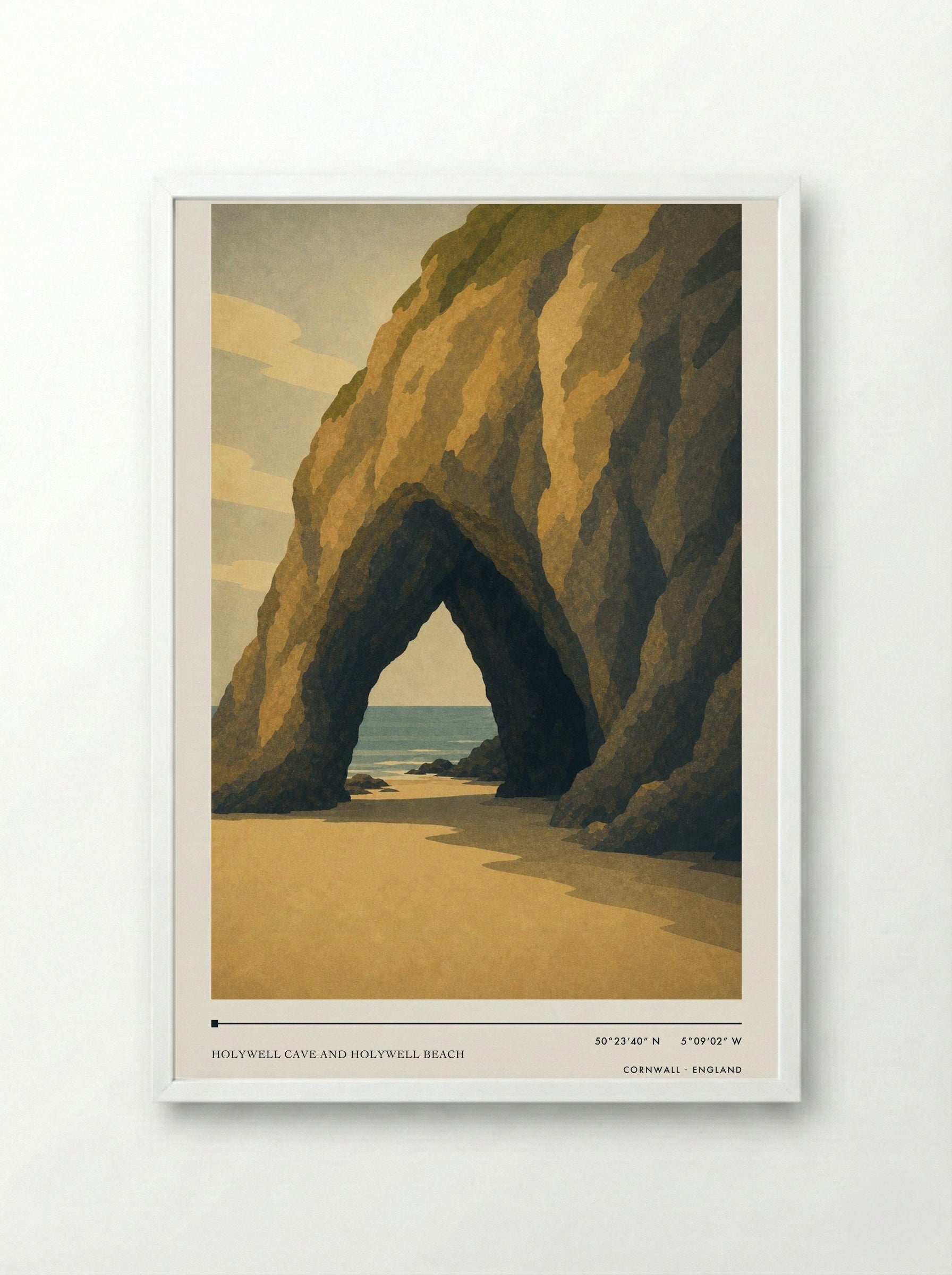 Holywell Cave and Holywell Beach Cornwall England Travel Poster - Framed Print White