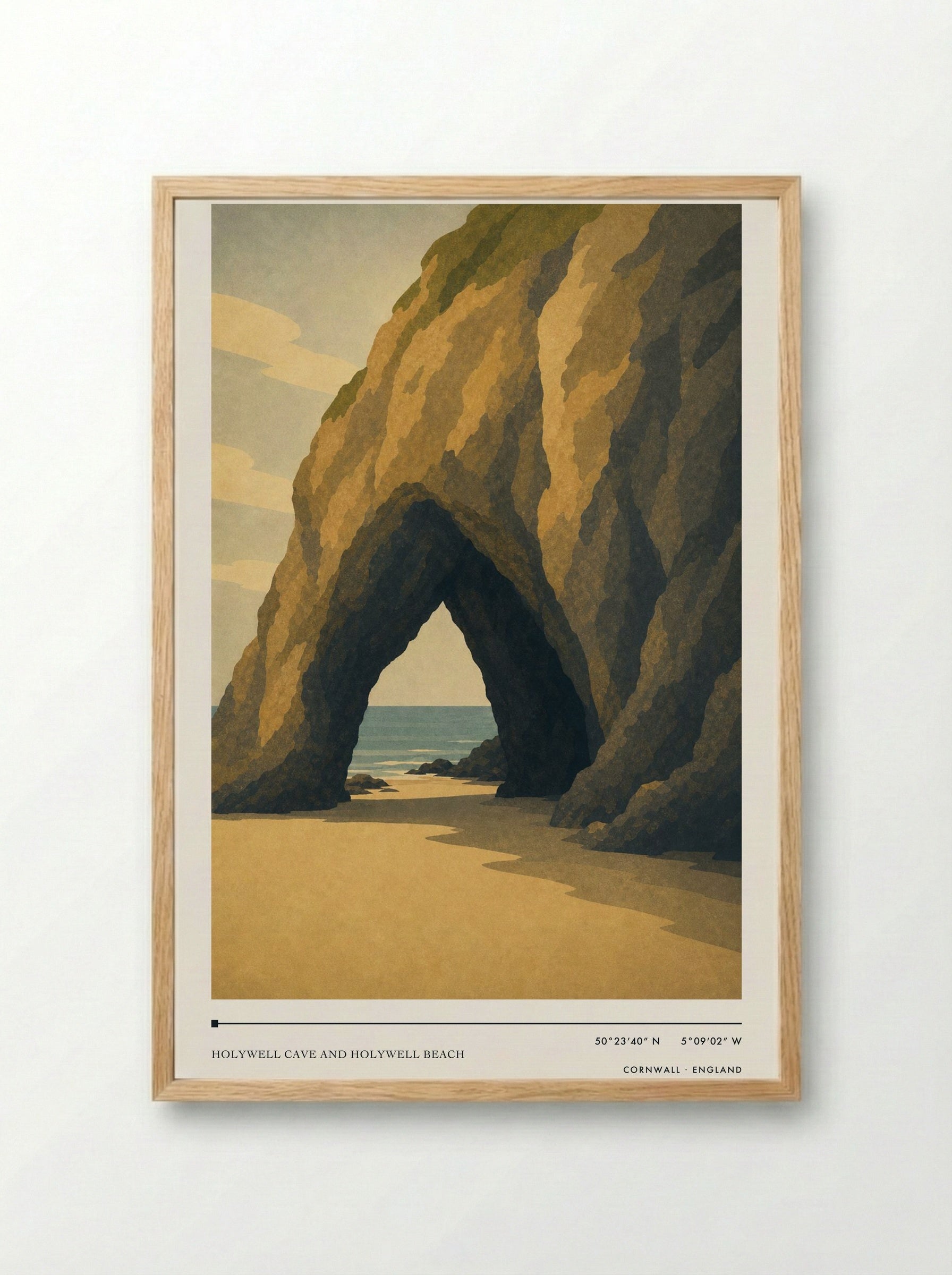 Holywell Cave and Holywell Beach Cornwall England Travel Poster - Framed Print Wood