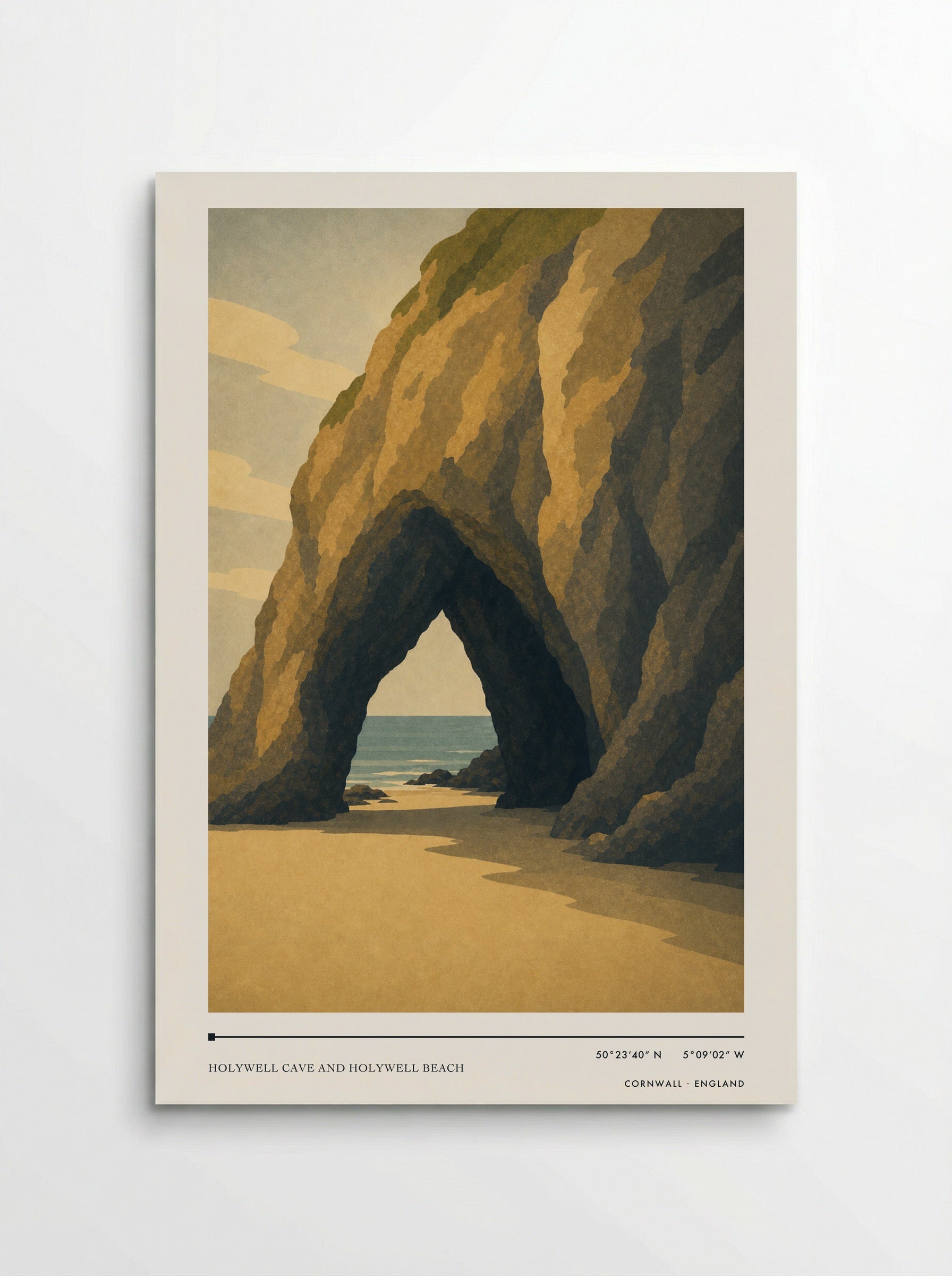 Holywell Cave and Holywell Beach Cornwall England Travel Poster - Poster