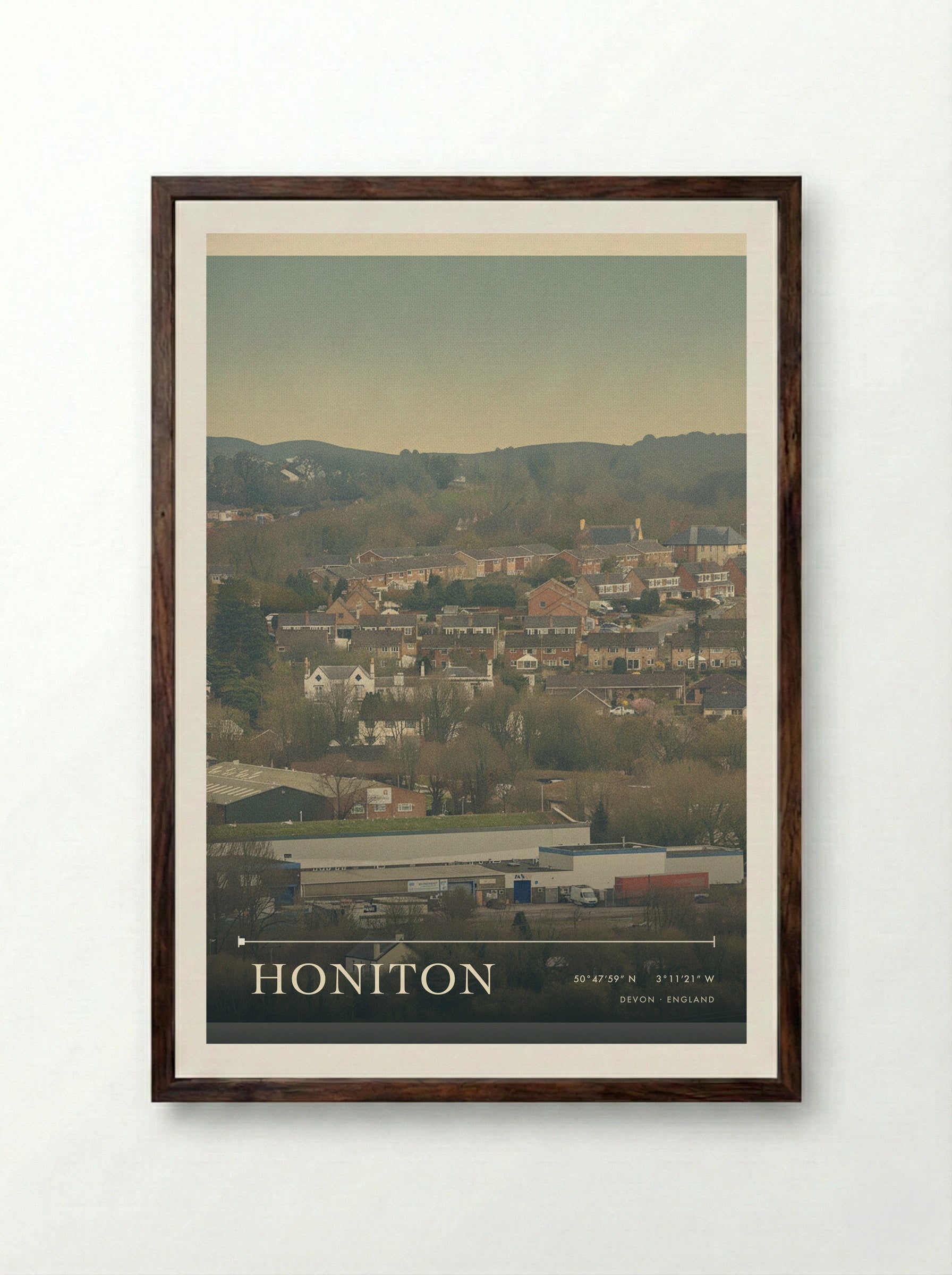 Honiton Devon England Travel Poster - Framed Print Dark Wood