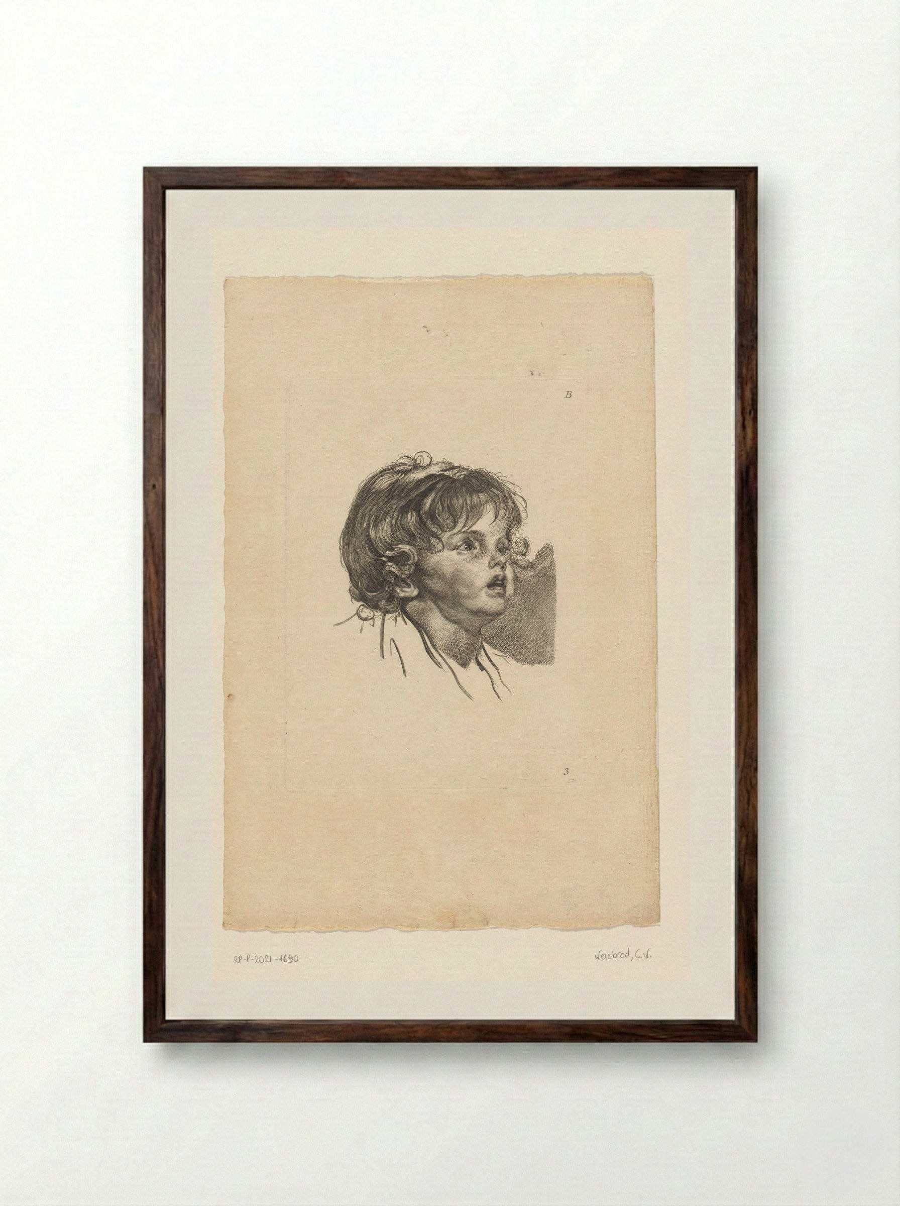 Hoofd van een peuter, omhoog kijkend - Carl Wilhelm Weisbrod - Framed Print Dark Wood