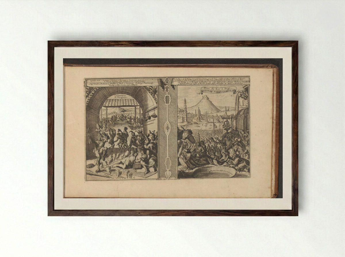 Hoofdman Smith bij de Virginianen; Koninklijk feest in Pegu - Romeyn de Hooghe - Framed Print Dark Wood
