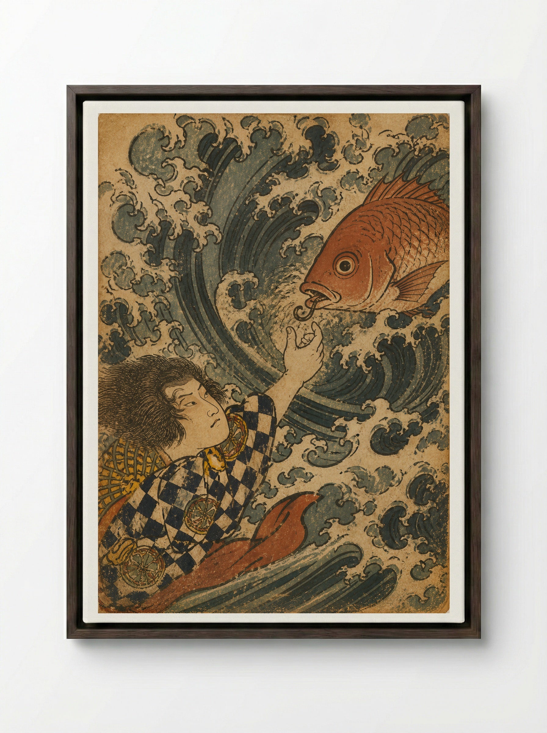 Hoori at the Sea Palace: The Red Tai Returns the Hook - Framed Canvas Dark Wood