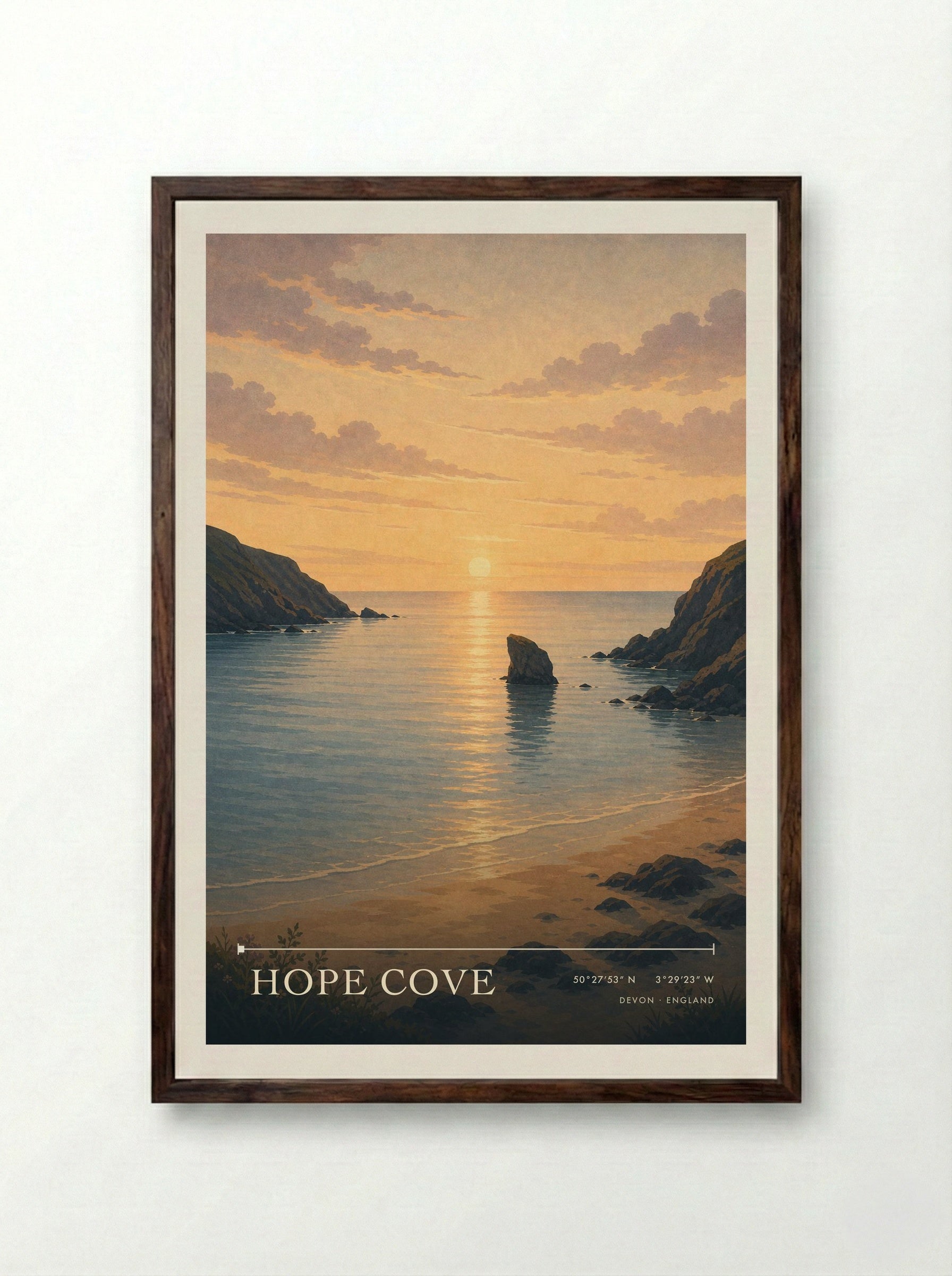 Hope Cove Devon England Travel Poster - Framed Print Dark Wood