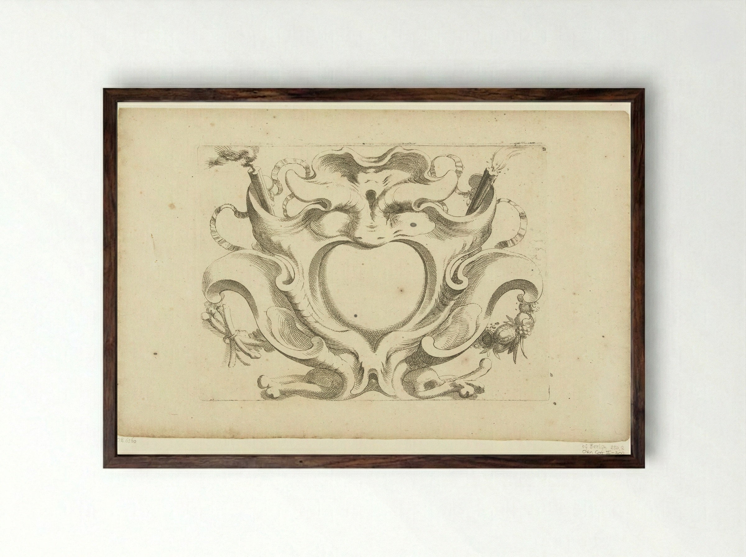 Horizontale kwabcartouche met masker - Johannes Lutma - Framed Print Dark Wood