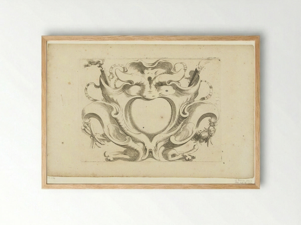 Horizontale kwabcartouche met masker - Johannes Lutma - Framed Print Wood
