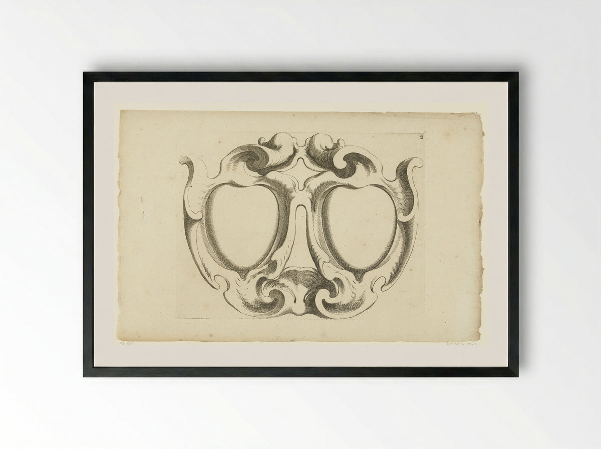 Horizontale kwabcartouche met twee hartvormige compartimenten - Johannes Lutma - Framed Print Black