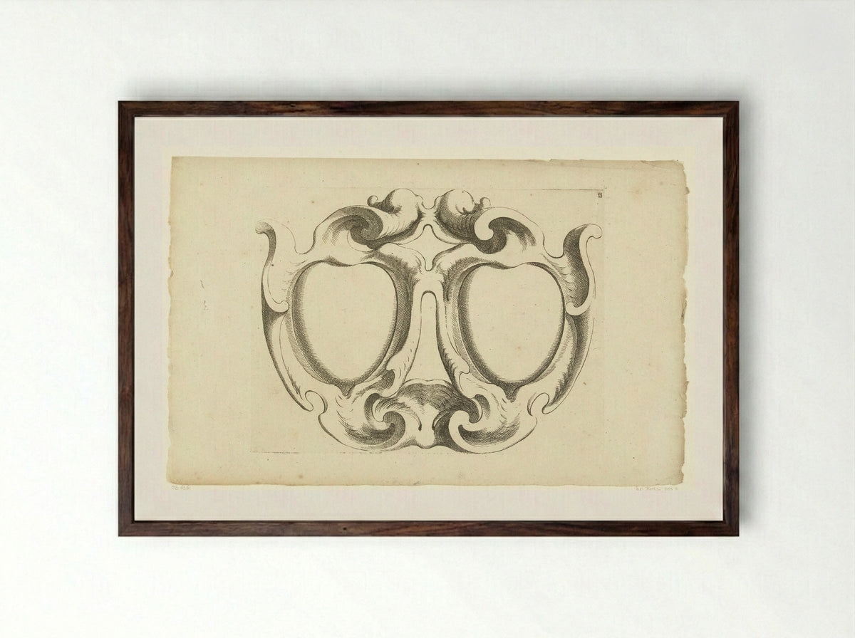 Horizontale kwabcartouche met twee hartvormige compartimenten - Johannes Lutma - Framed Print Dark Wood