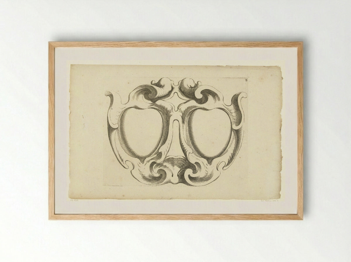 Horizontale kwabcartouche met twee hartvormige compartimenten - Johannes Lutma - Framed Print Wood