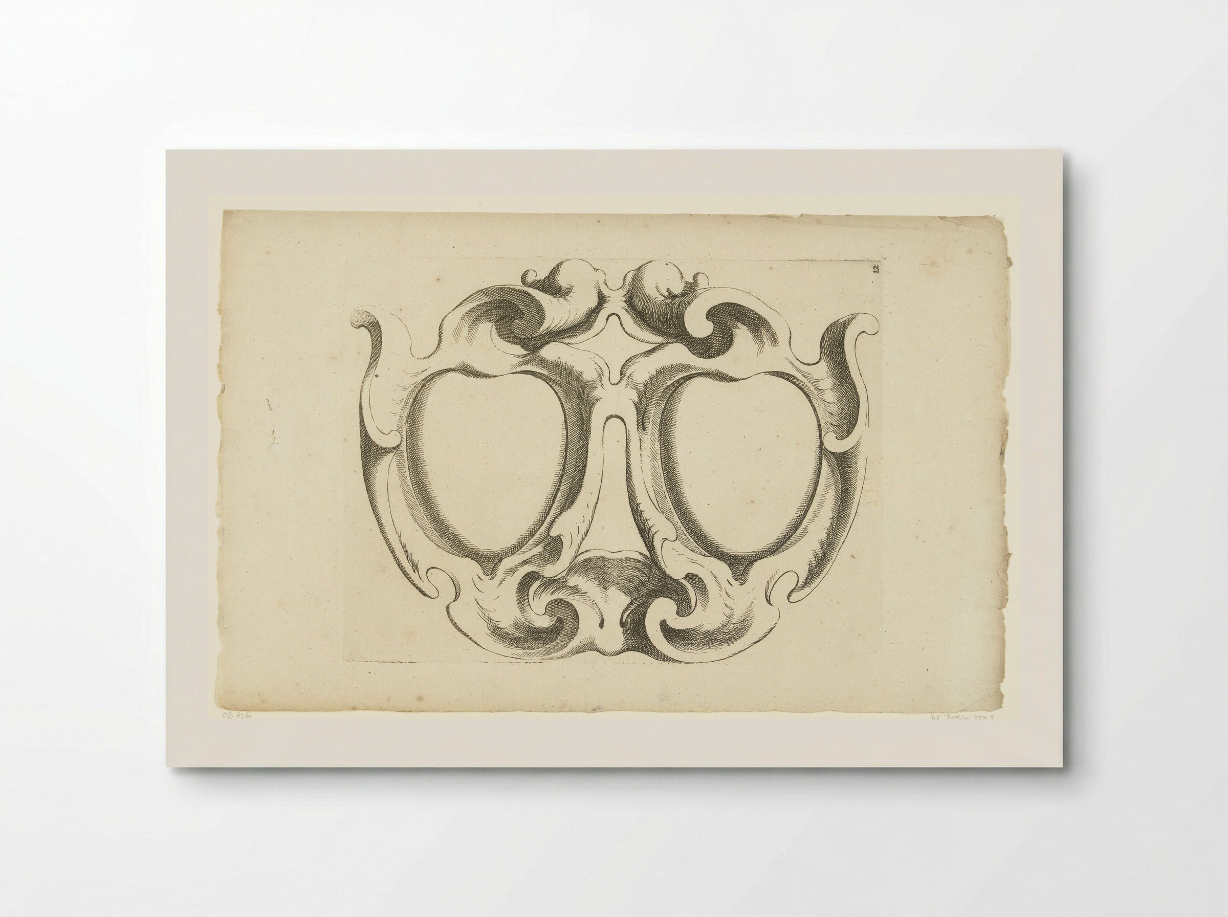Horizontale kwabcartouche met twee hartvormige compartimenten - Johannes Lutma - Poster