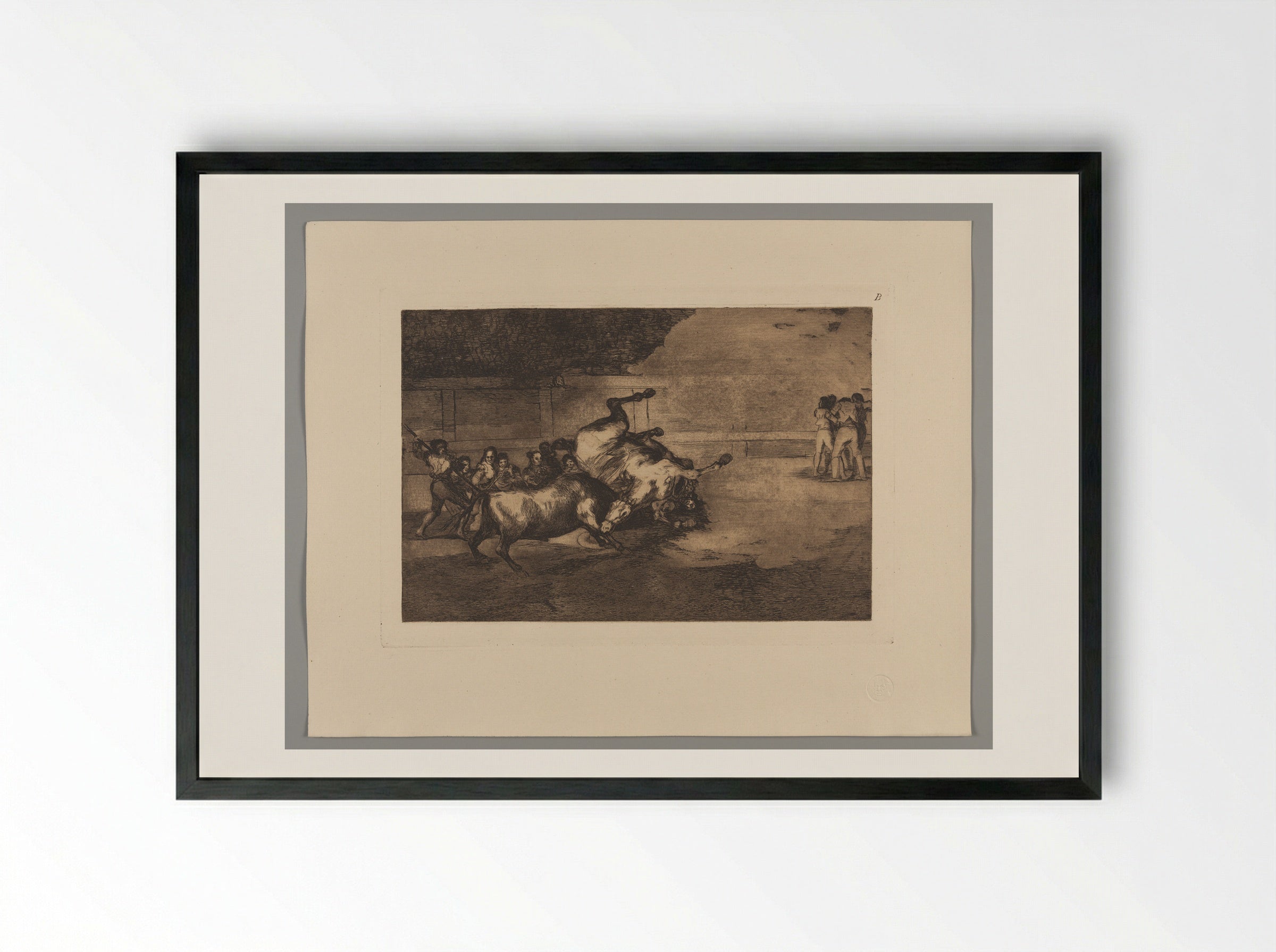 Horse Thrown by a Bull - Francisco José de Goya y Lucientes - Framed Print Black