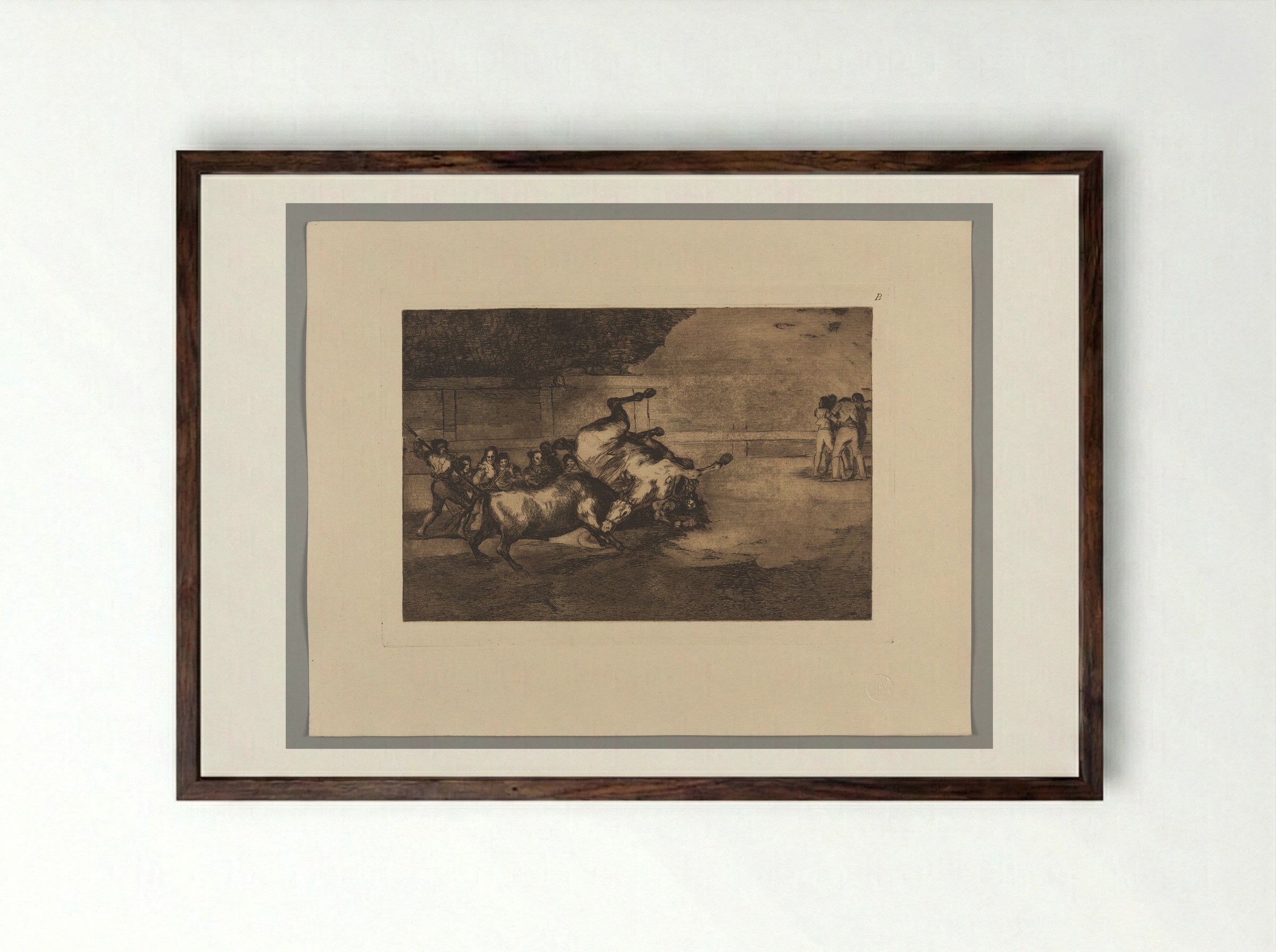 Horse Thrown by a Bull - Francisco José de Goya y Lucientes - Framed Print Dark Wood