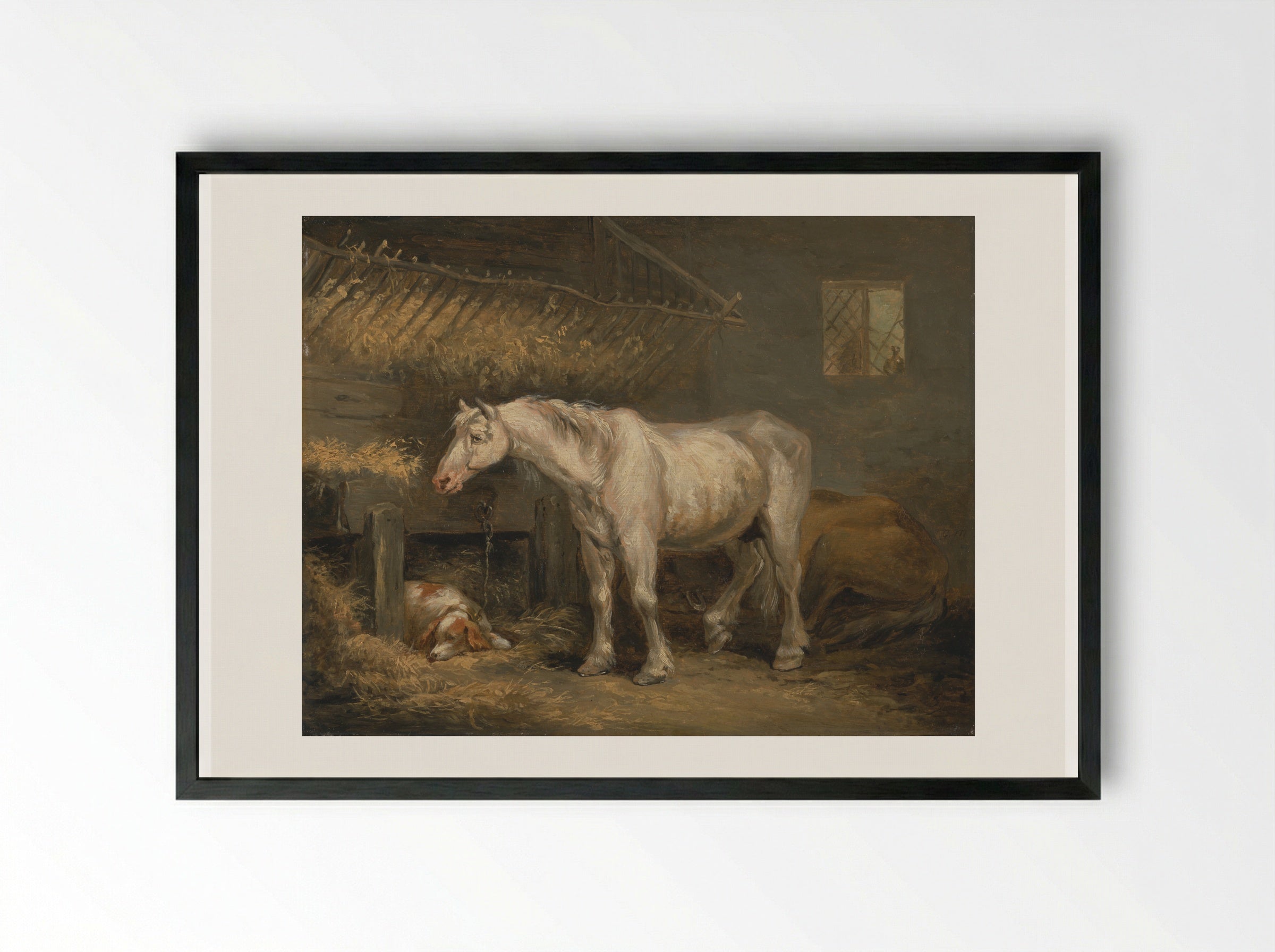 Horse and Dog in a Stable - George Morland - Framed Print Black