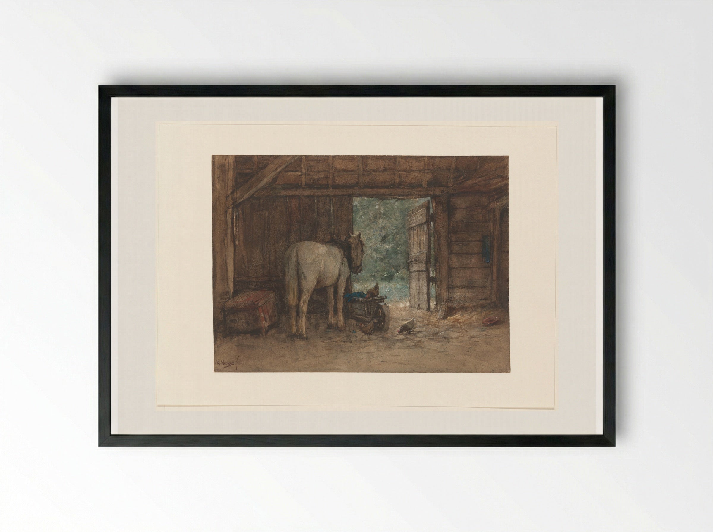 Horse in a Stable by an Open Stable Door - Anton Mauve - Framed Print Black
