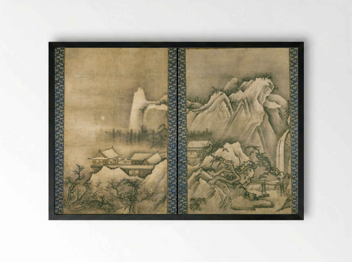 Horses in Stables (Umaya-zu byobu) - Unknown artist - Framed Print Black