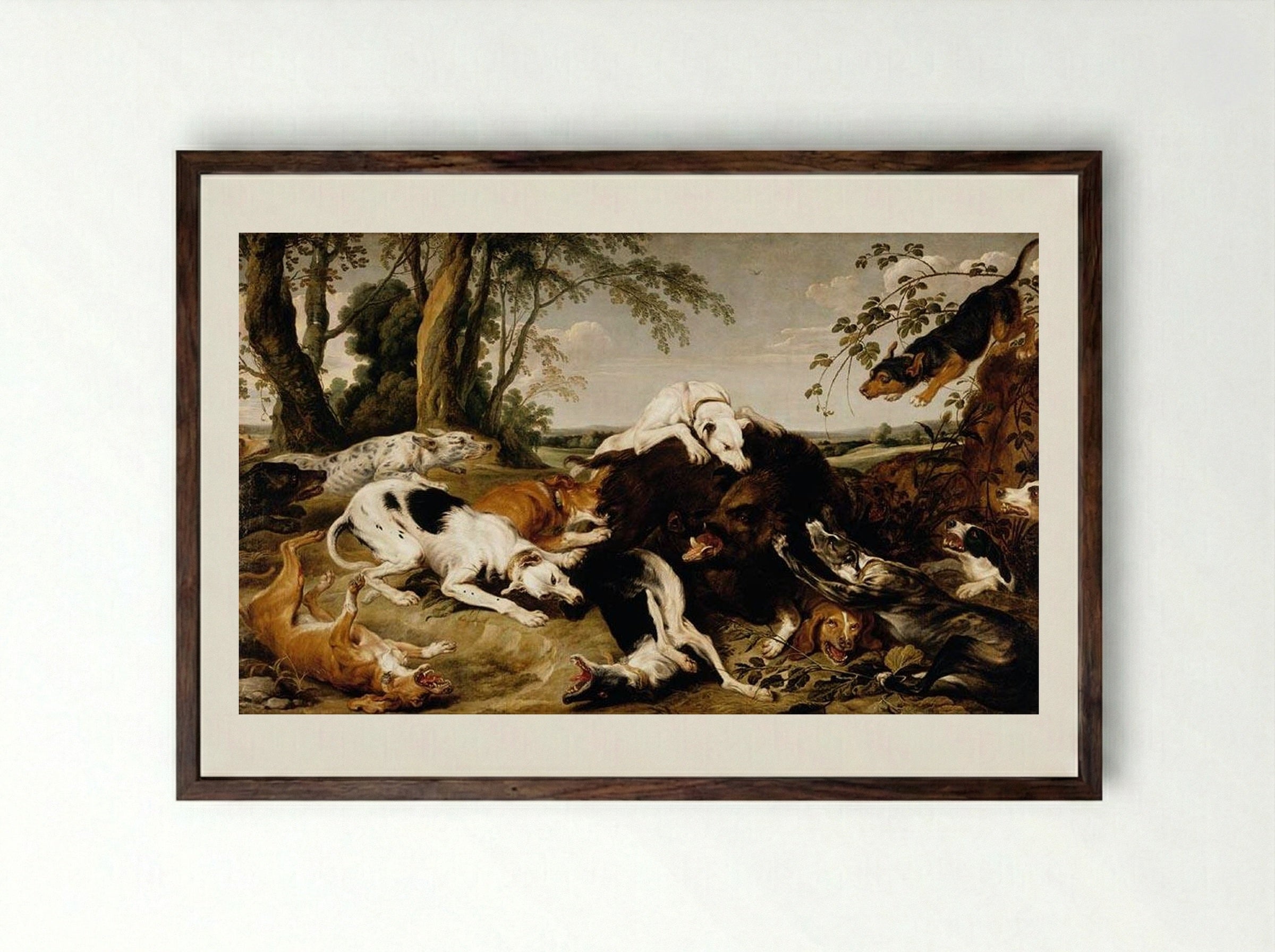 Hounds Bringing down a Boar - Frans Snyders - Framed Print Dark Wood