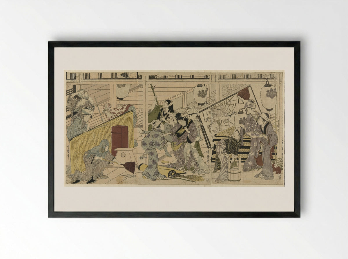 House cleaning in preparation for the New Year - Kitagawa Utamaro - Framed Print Black