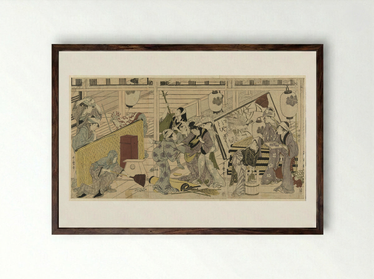House cleaning in preparation for the New Year - Kitagawa Utamaro - Framed Print Dark Wood