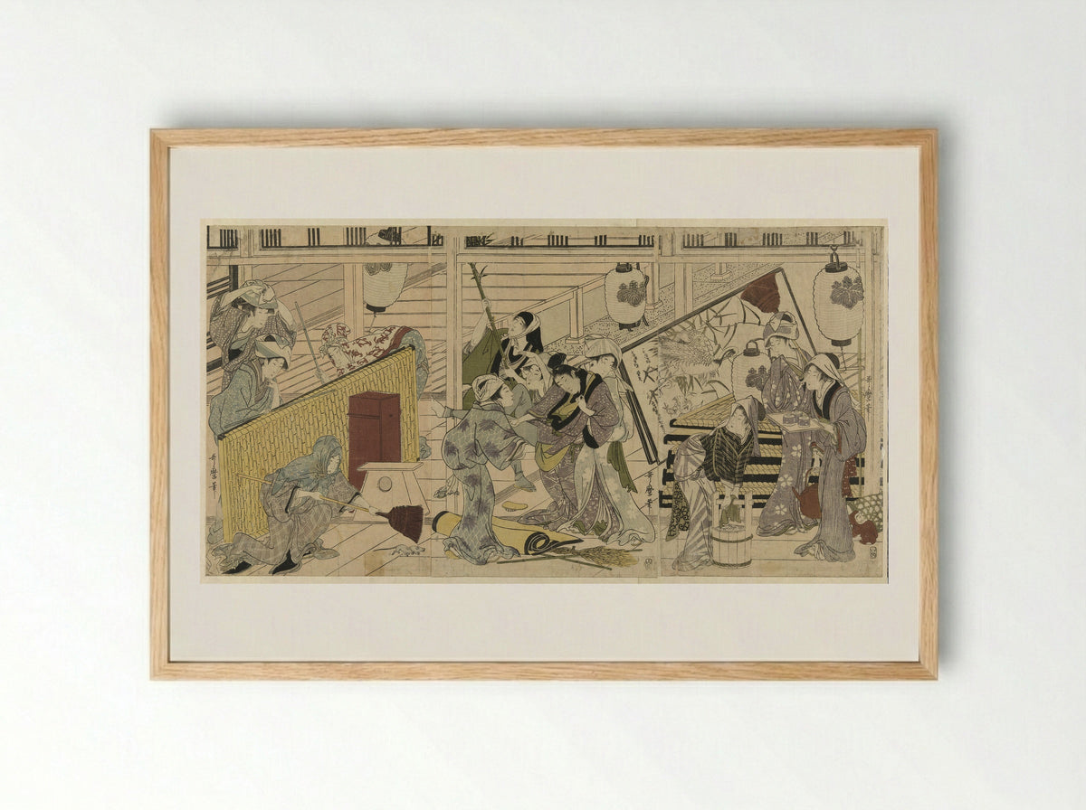 House cleaning in preparation for the New Year - Kitagawa Utamaro - Framed Print Wood