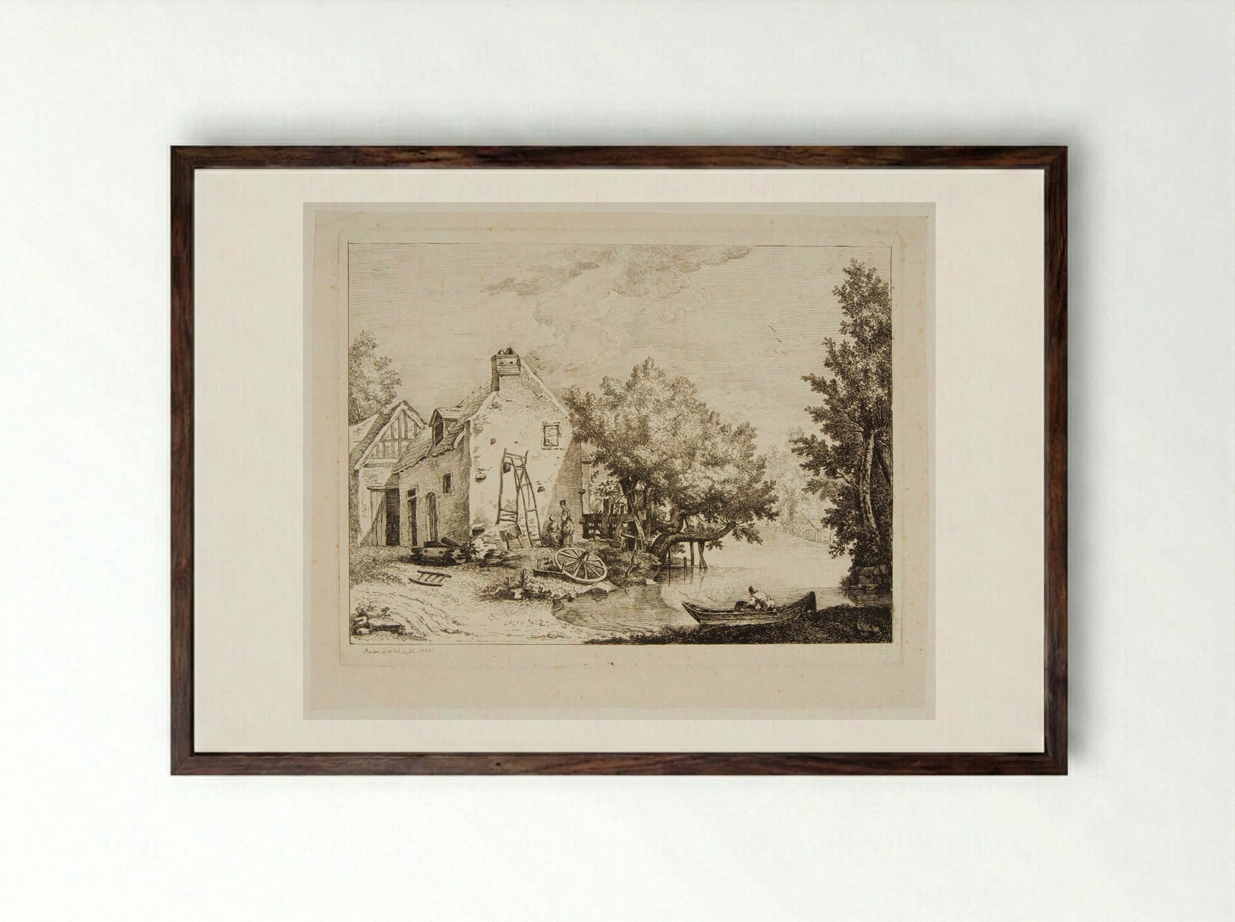 House on the Edge of a Pond - Friedrich Reclam - Framed Print Dark Wood
