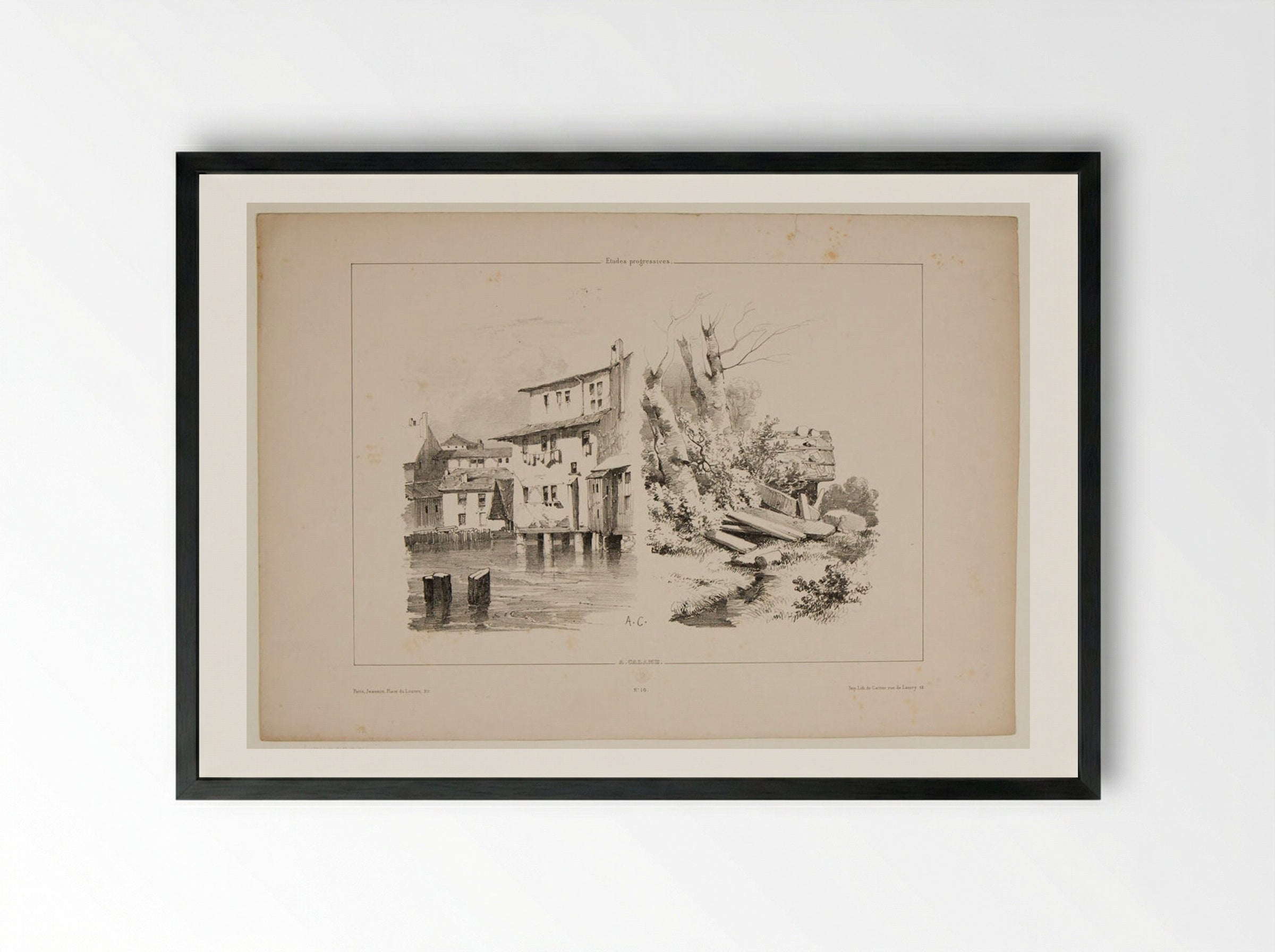 Houses on Stilts; Study of Timber and a Stream - Alexandre Calame - Framed Print Black