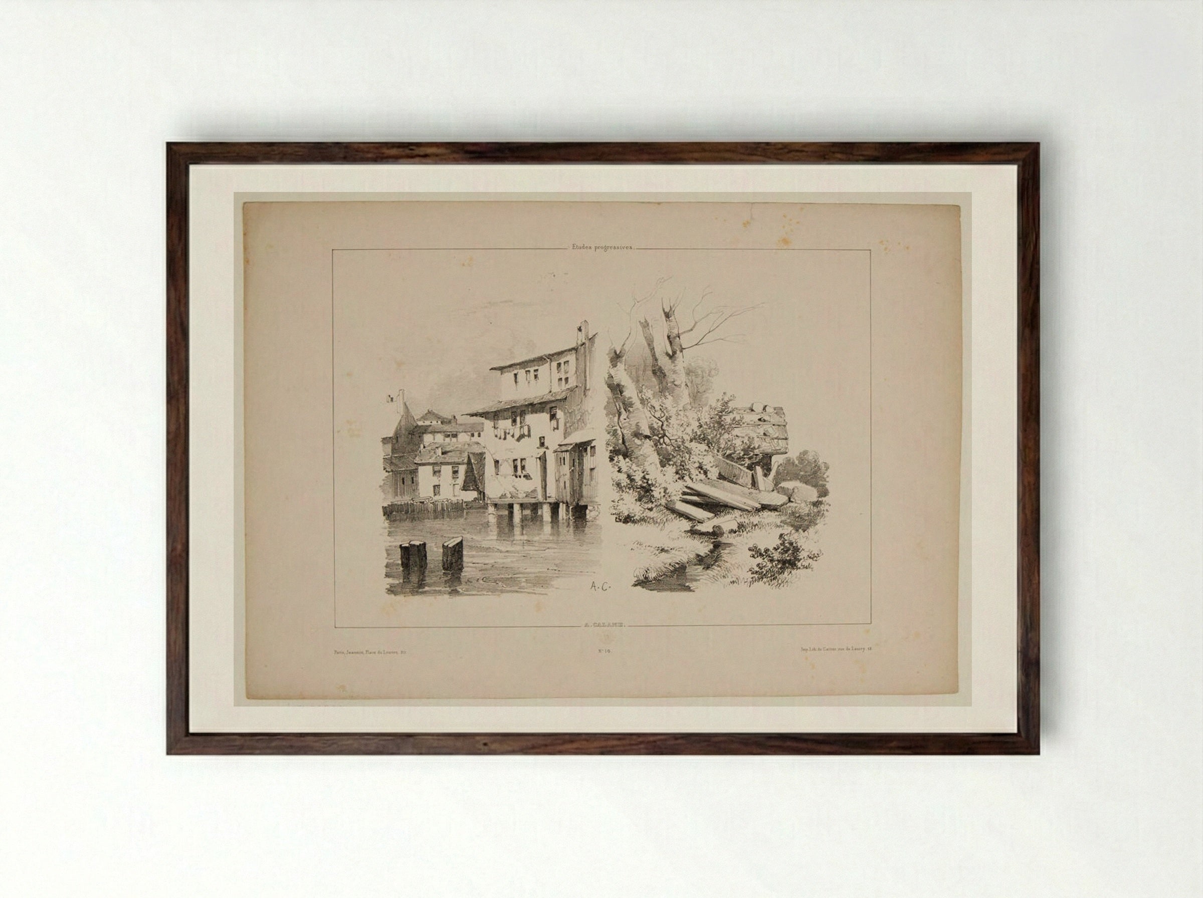 Houses on Stilts; Study of Timber and a Stream - Alexandre Calame - Framed Print Dark Wood