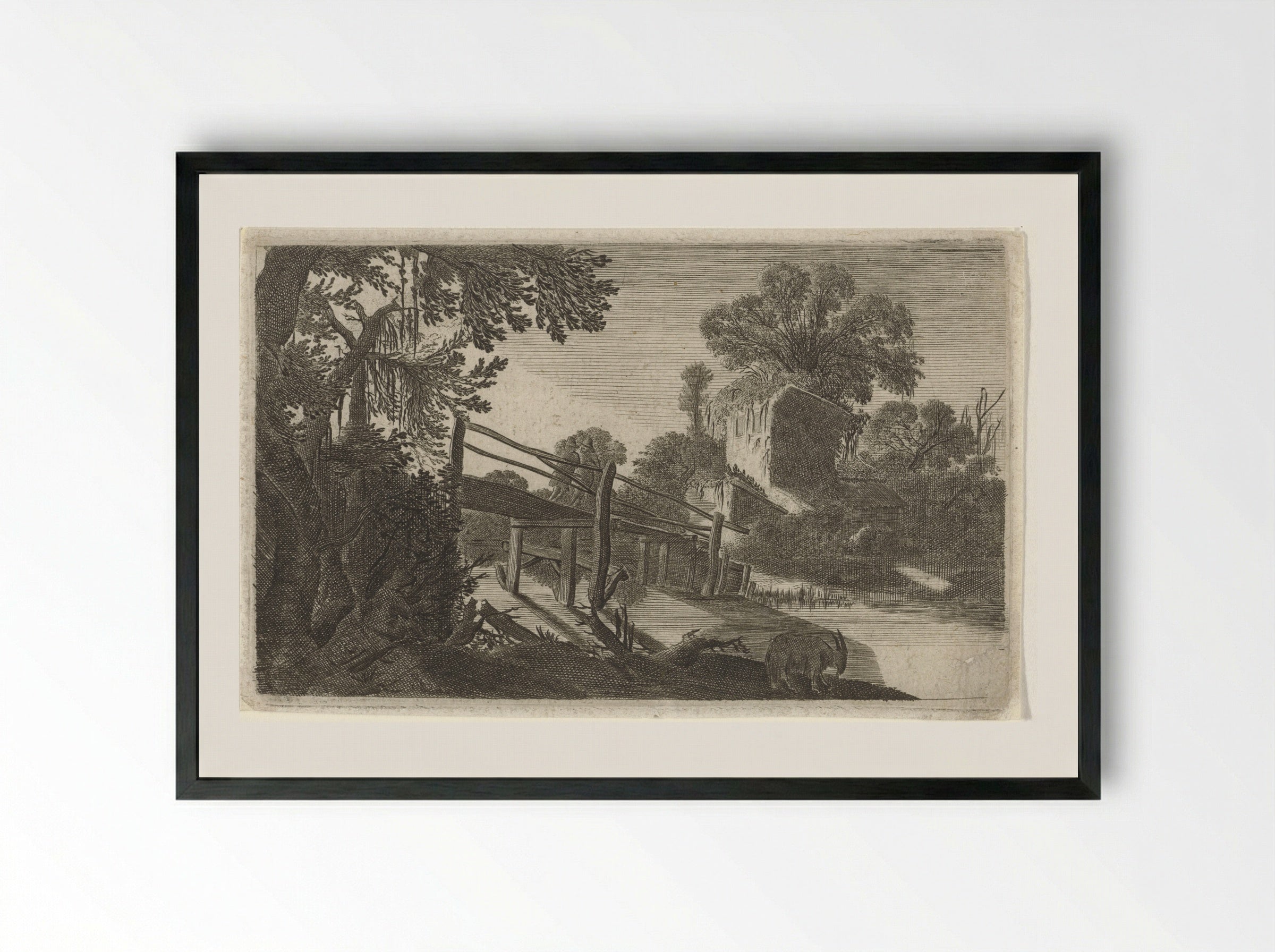 Houten brug bij een ruïne - Gillis van Scheyndel (I) - Framed Print Black