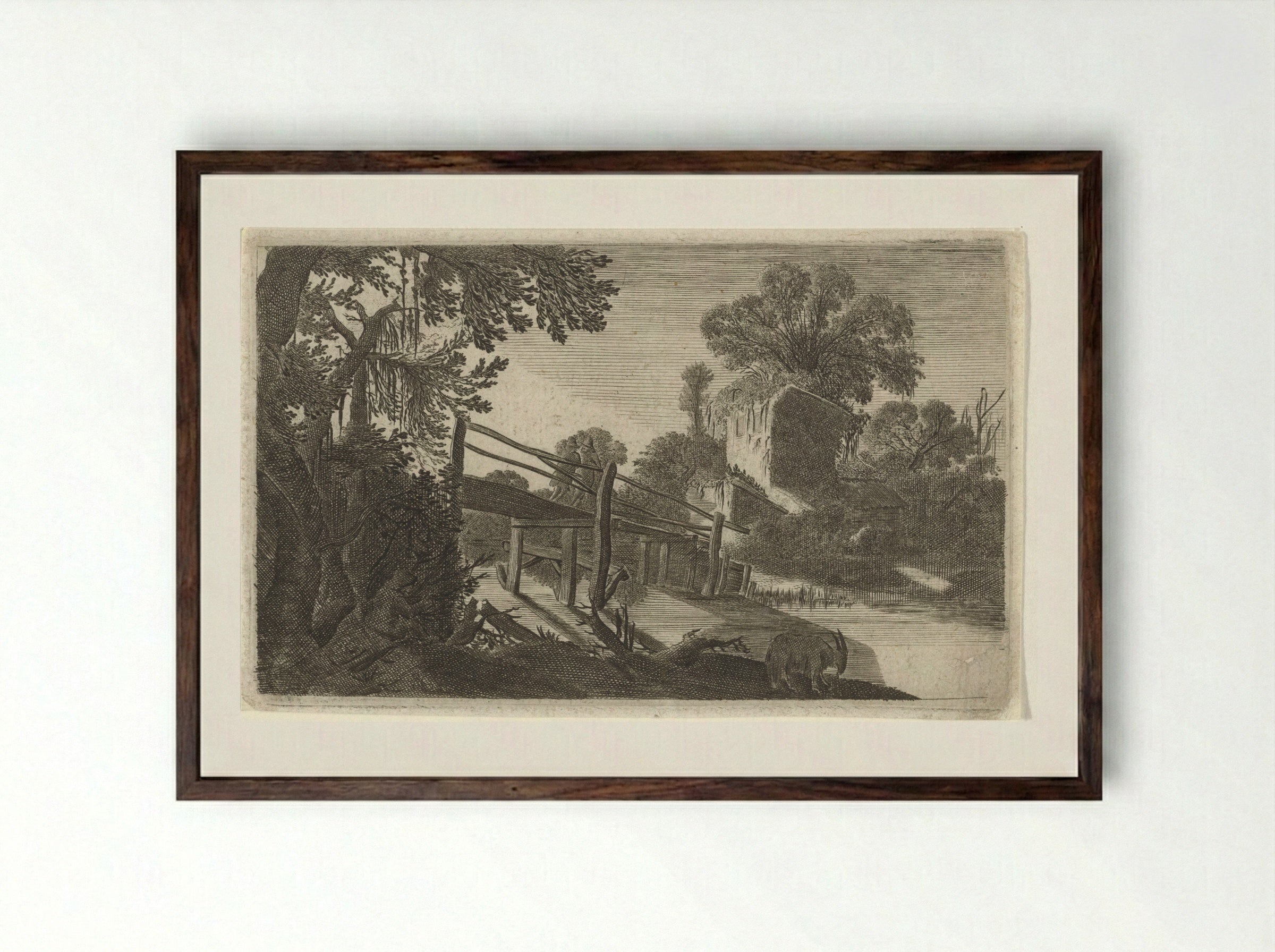 Houten brug bij een ruïne - Gillis van Scheyndel (I) - Framed Print Dark Wood