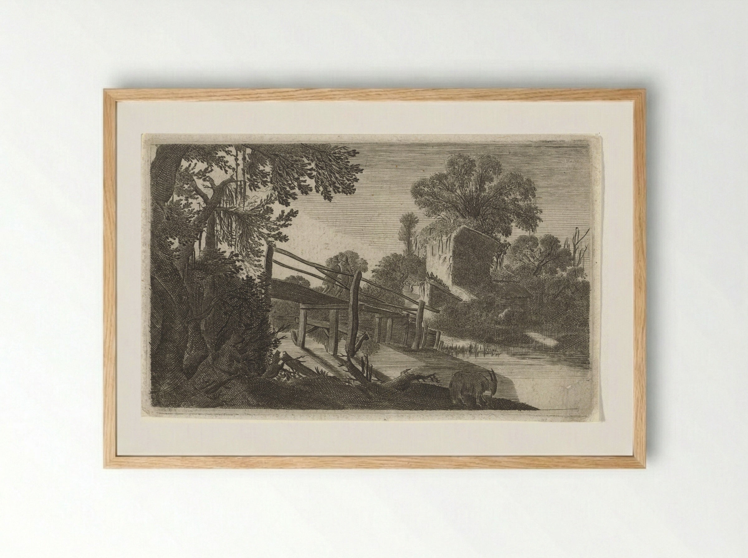 Houten brug bij een ruïne - Gillis van Scheyndel (I) - Framed Print Wood