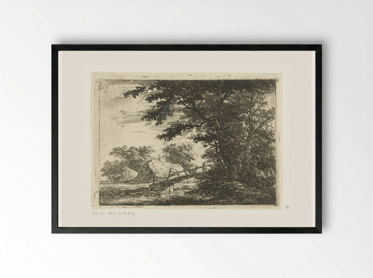 Houten brug bij huizen - Hermanus van Brussel - Framed Print Black