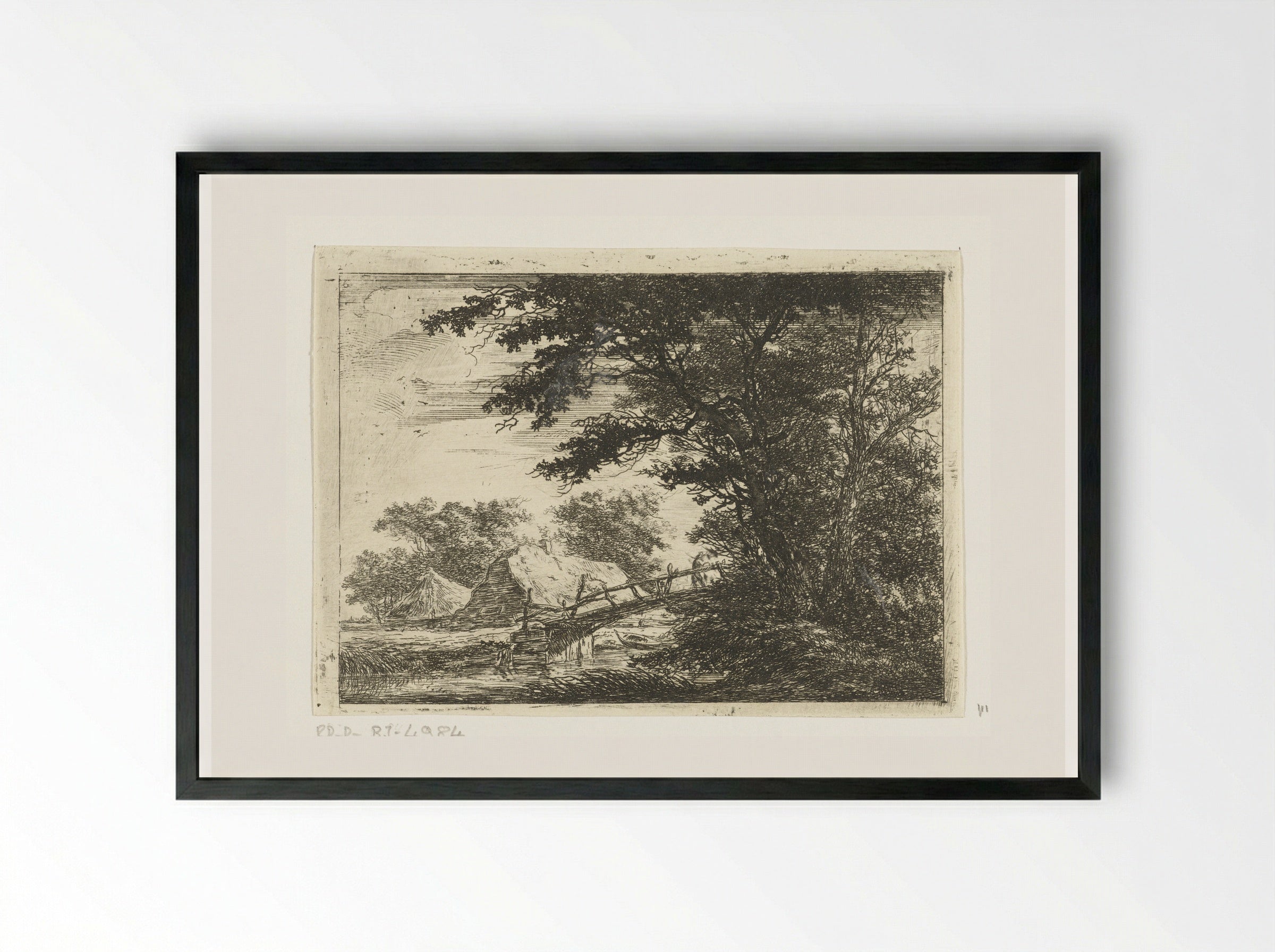 Houten brug bij huizen - Hermanus van Brussel - Framed Print Black