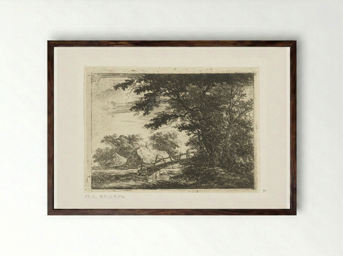 Houten brug bij huizen - Hermanus van Brussel - Framed Print Dark Wood