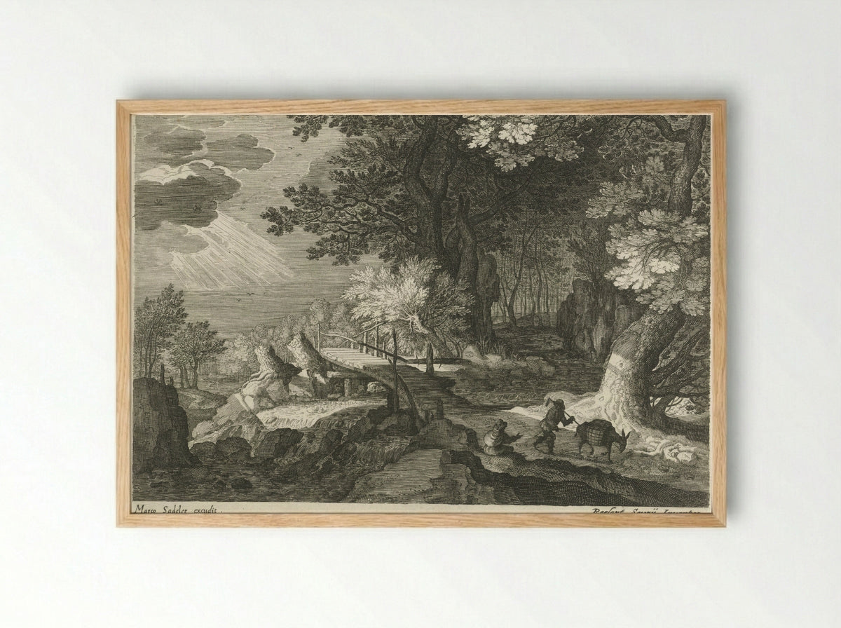 Houten brug in een boslandschap - Aegidius Sadeler (II) - Framed Print Wood