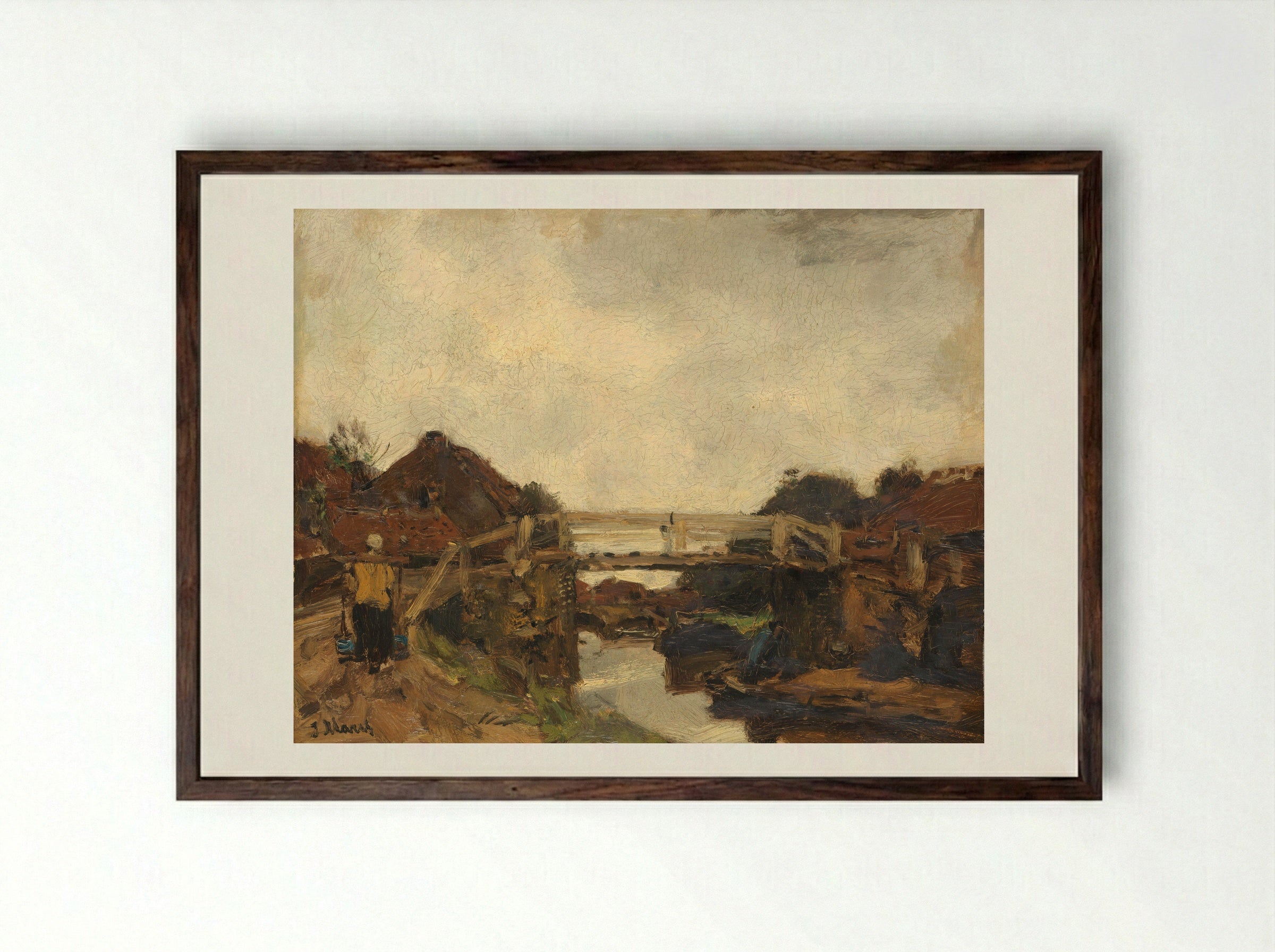 Houten brug over een vaart bij Rijswijk - Jacob Maris - Framed Print Dark Wood
