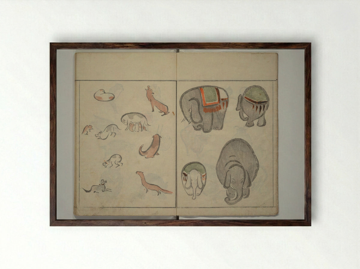 How to Draw Birds, Insects and Fish Simply - Kuwagata Keisai - Framed Print Dark Wood